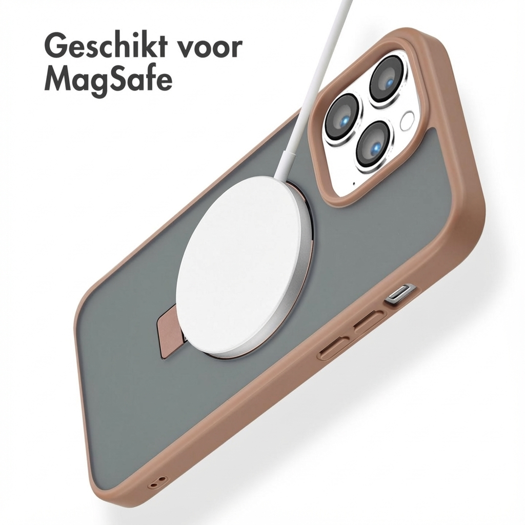iPhone con caricatore MagSafe in custodia marrone e grigia.