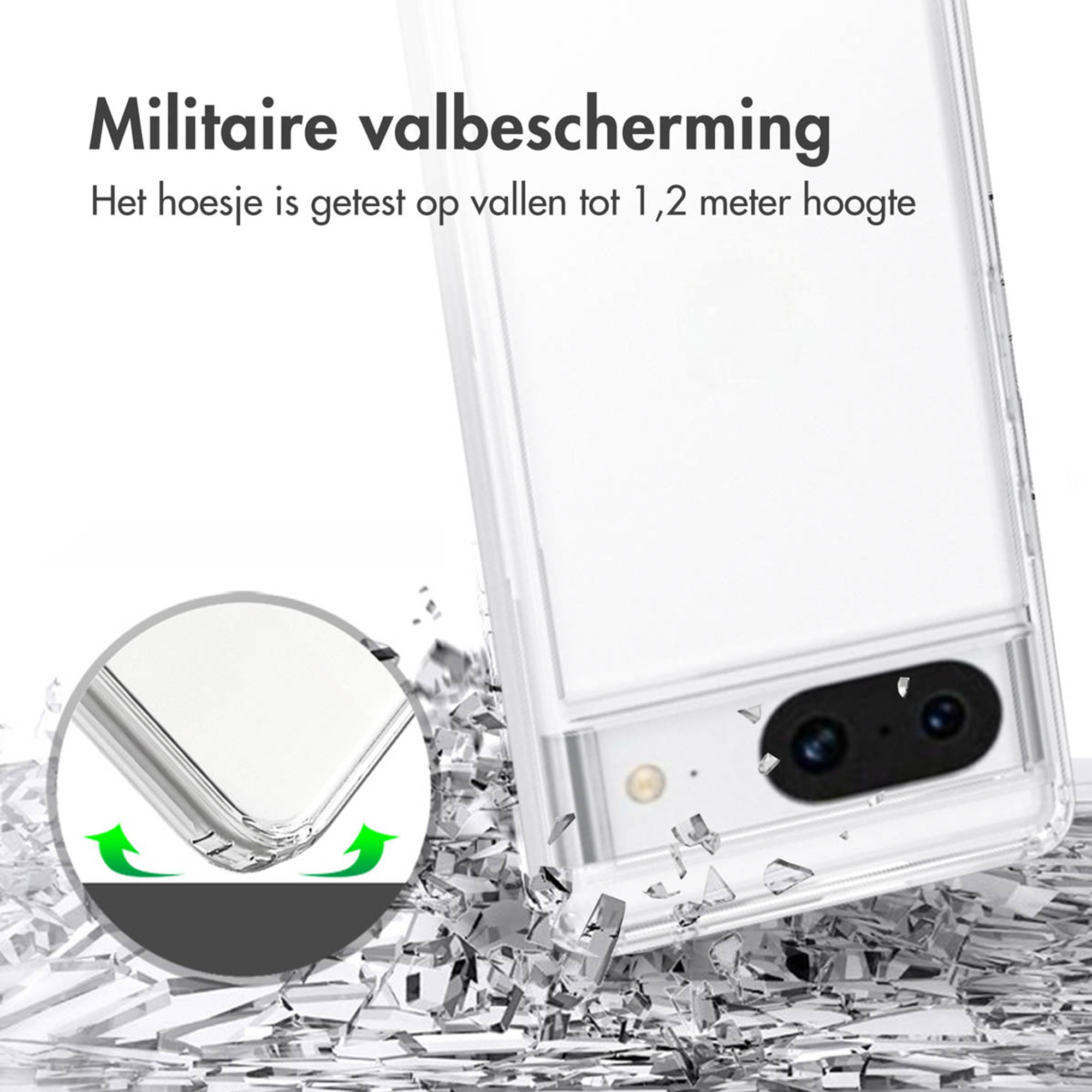 Custodia trasparente per telefono con ritaglio fotocamera su vetro infranto.