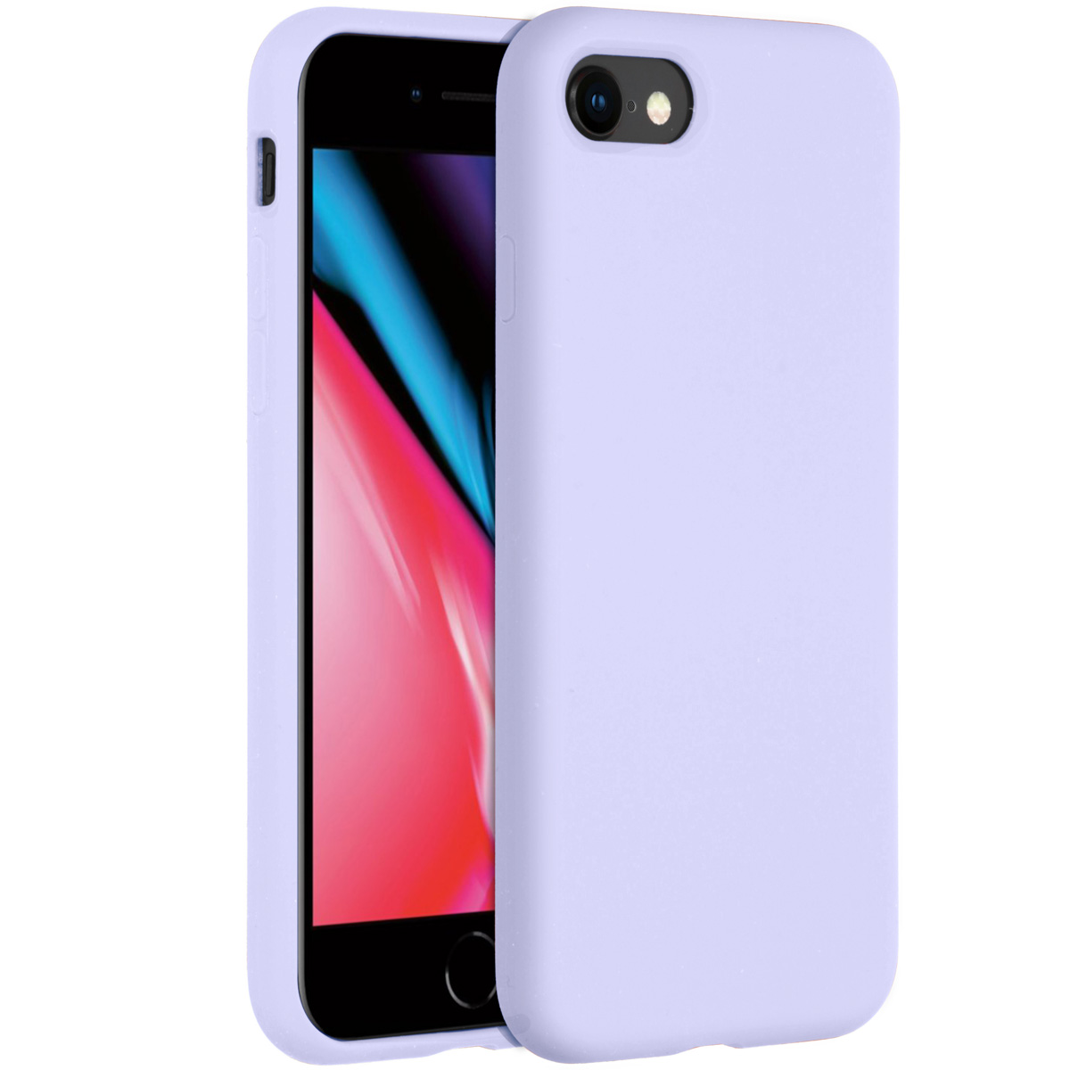 Una custodia viola chiaro poggia su uno smartphone con schermo colorato.