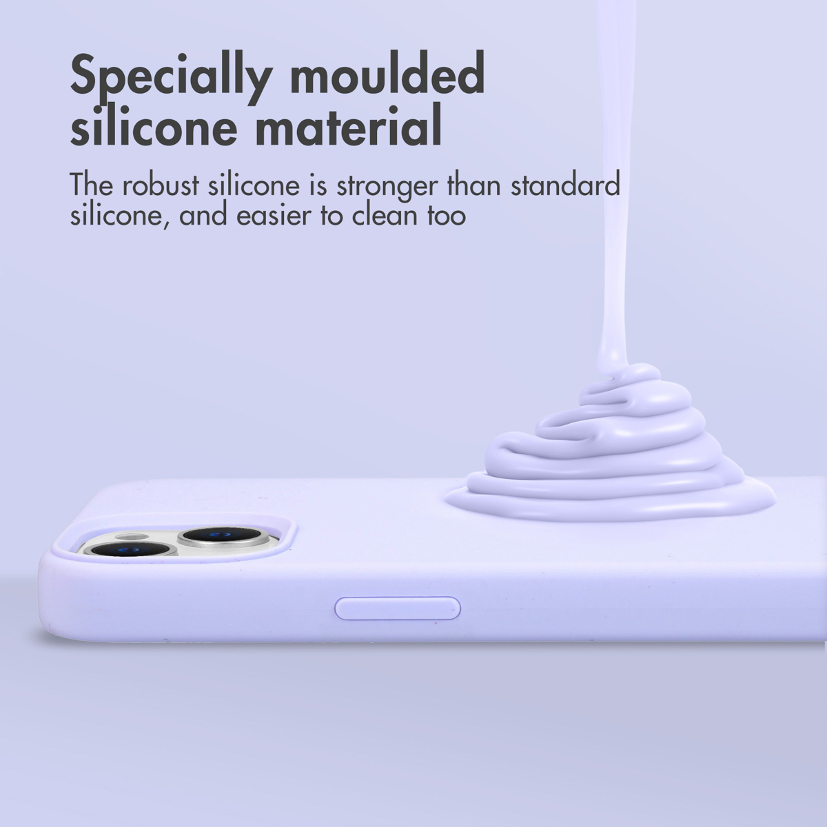 Custodia in silicone viola chiaro per telefono con testo e silicone versato.