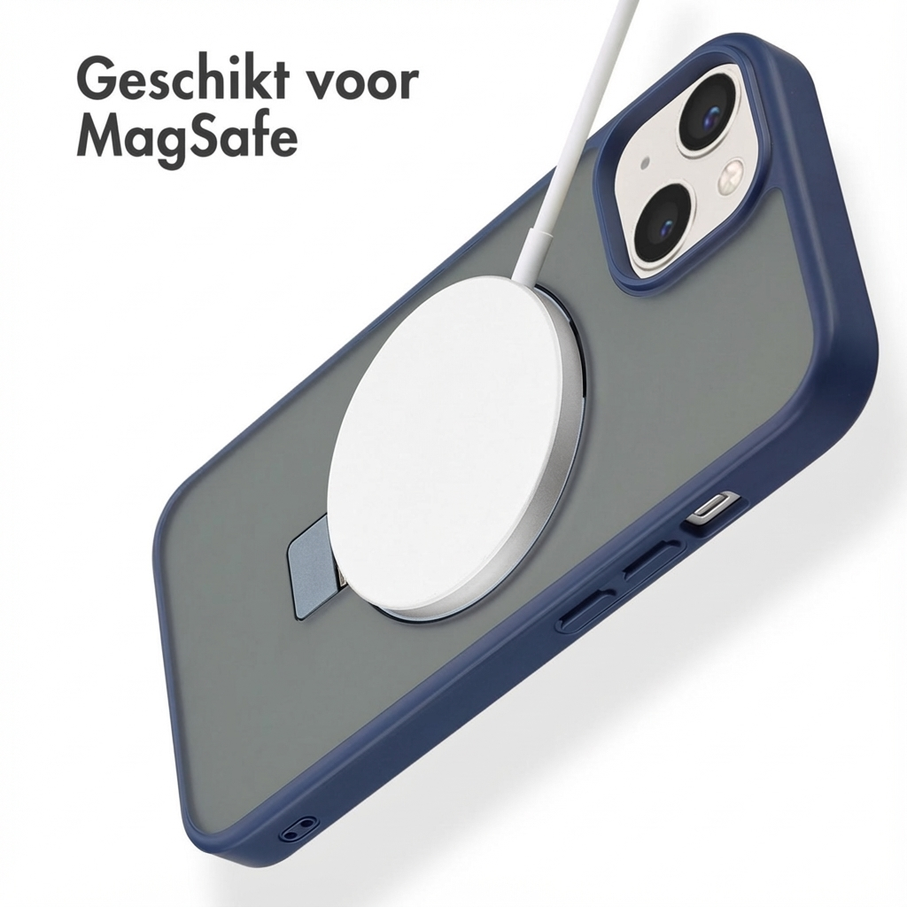 iPhone mit MagSafe Ladegerät und blauer Hülle. Text: "Geschikt voor MagSafe".