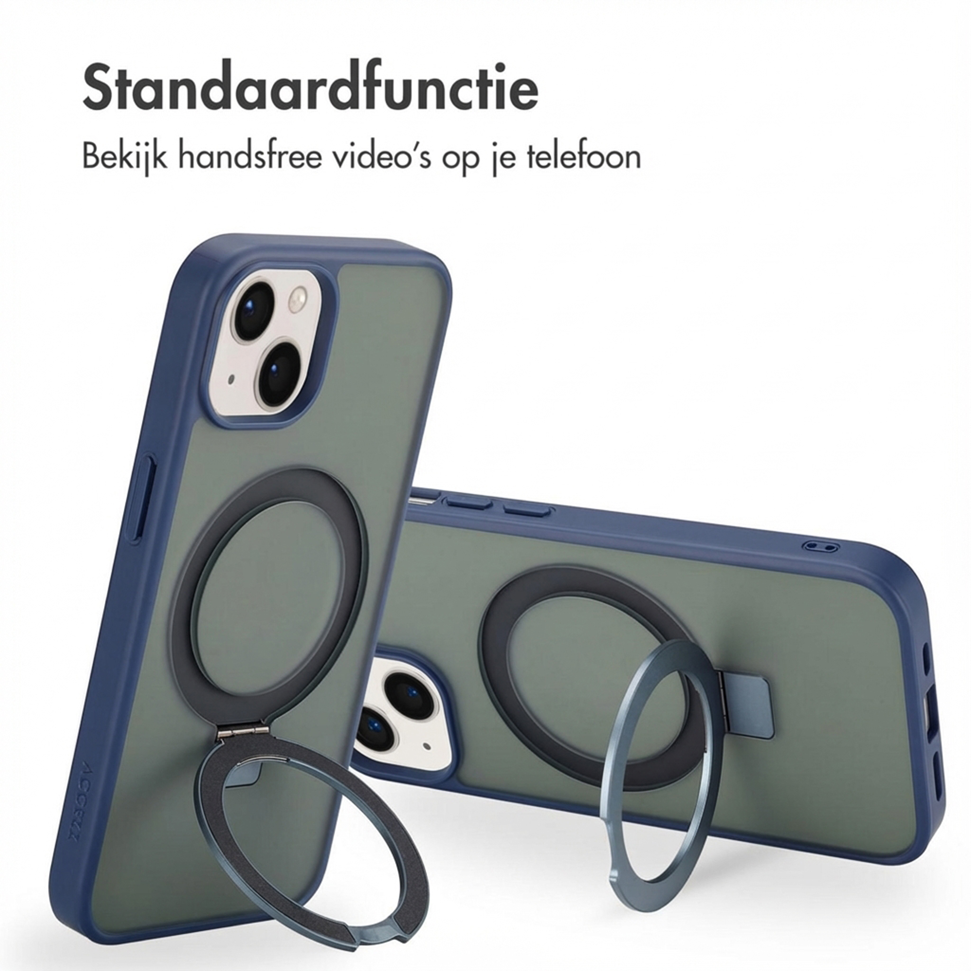 Zwei dunkelblaue Handyhüllen mit integriertem Ringständer auf weißem Hintergrund.