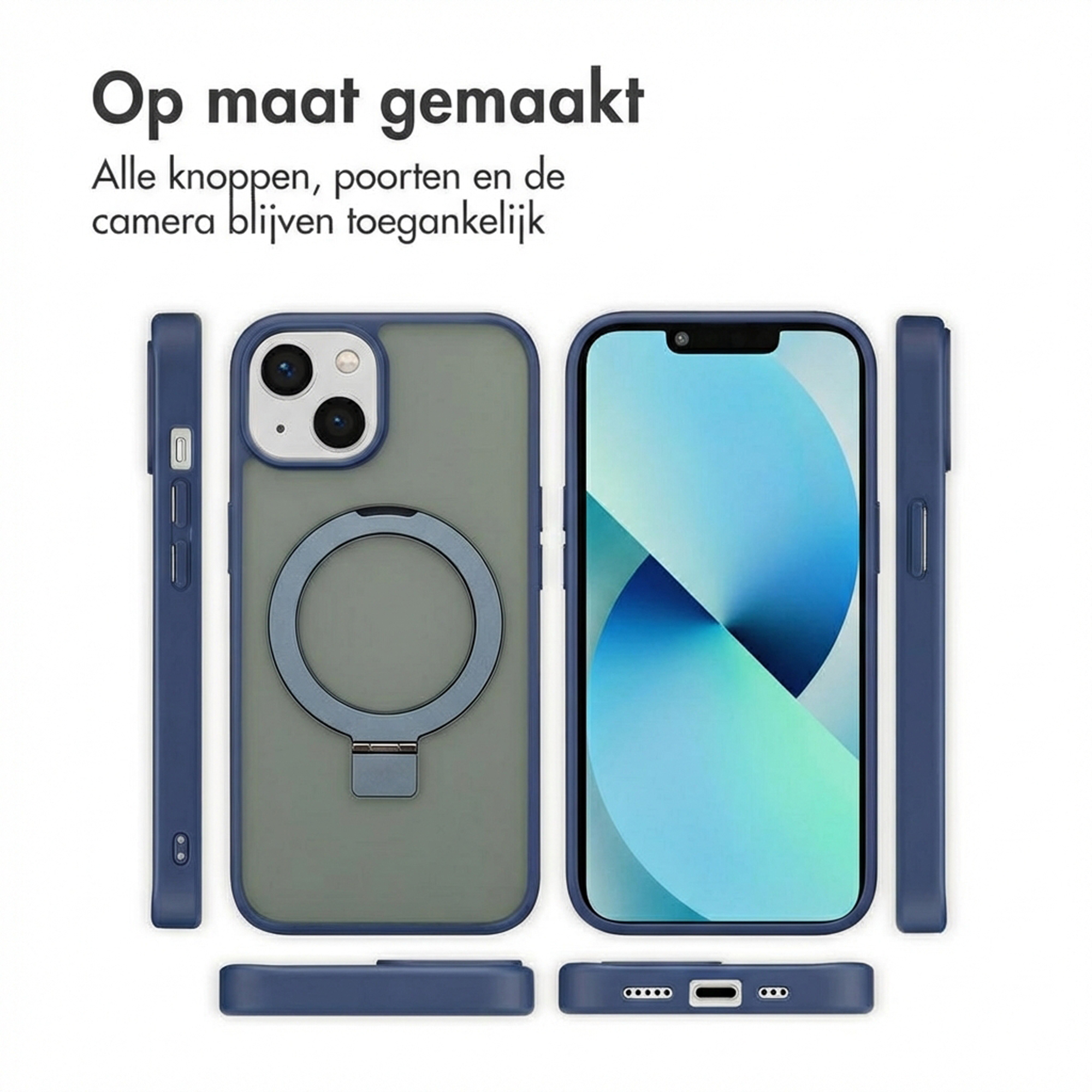 Blaues iPhone-Case mit Ringhalterung und einem iPhone.
