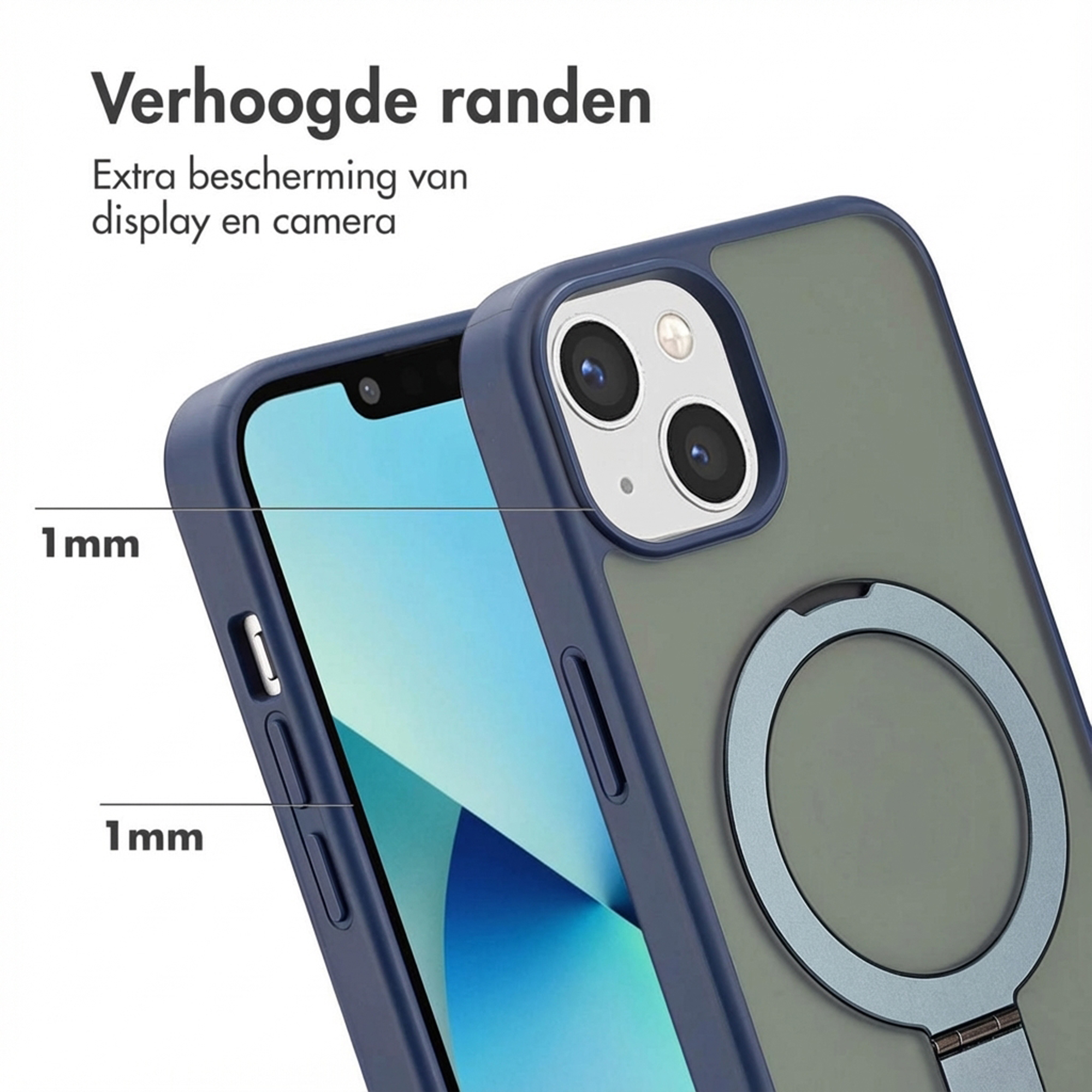 iPhone-Hülle mit erhöhten Rändern und Ringhalterung. Zeigt 1mm Erhöhung.