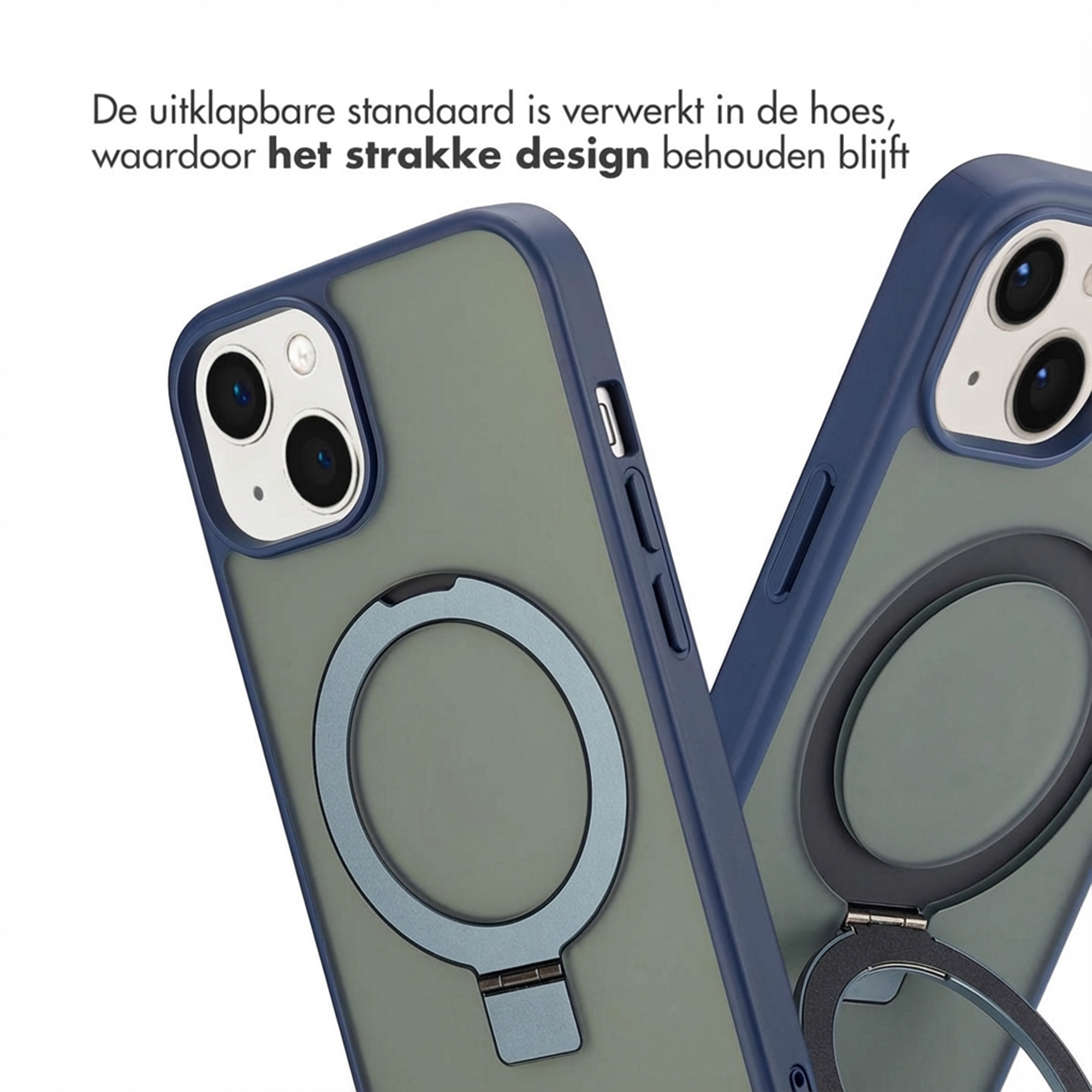Zwei Handyhüllen mit integriertem Ringständer, blaue Ränder, grüne Rückseiten.