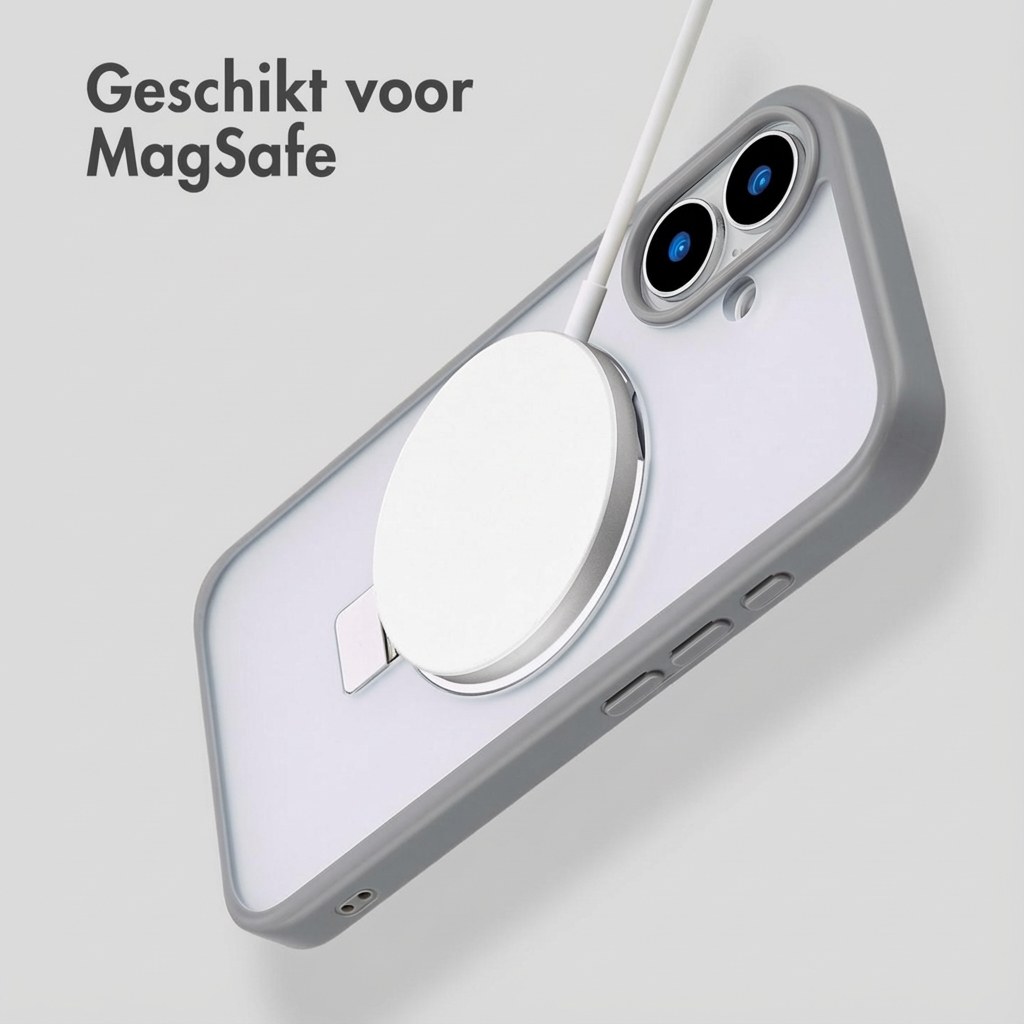 Custodia grigia per iPhone con caricatore MagSafe attaccato.