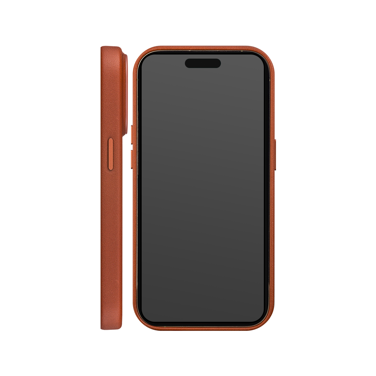 Una cover marrone per telefono accanto a un telefono con schermo scuro su sfondo bianco.