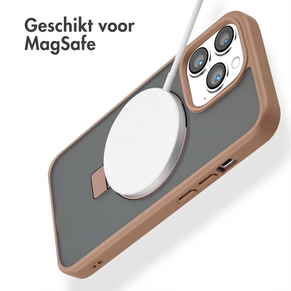 Custodia marrone per iPhone con caricatore MagSafe e tre fotocamere.