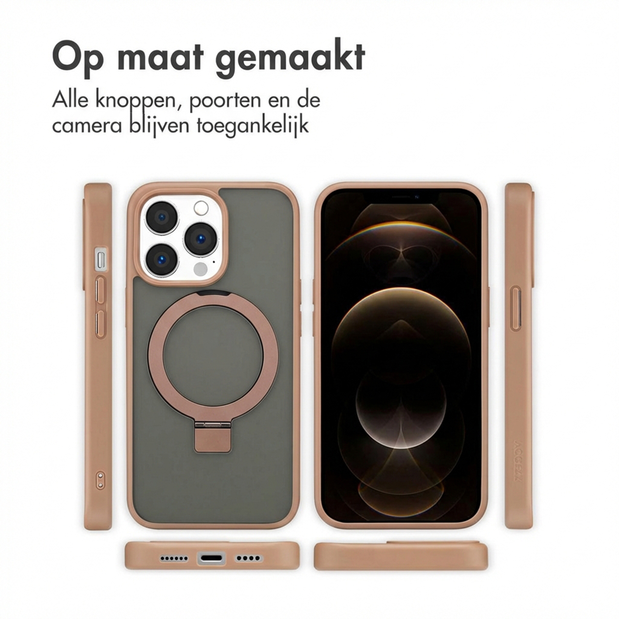 Una custodia per iPhone color oro rosa con anello e un iPhone all'interno.