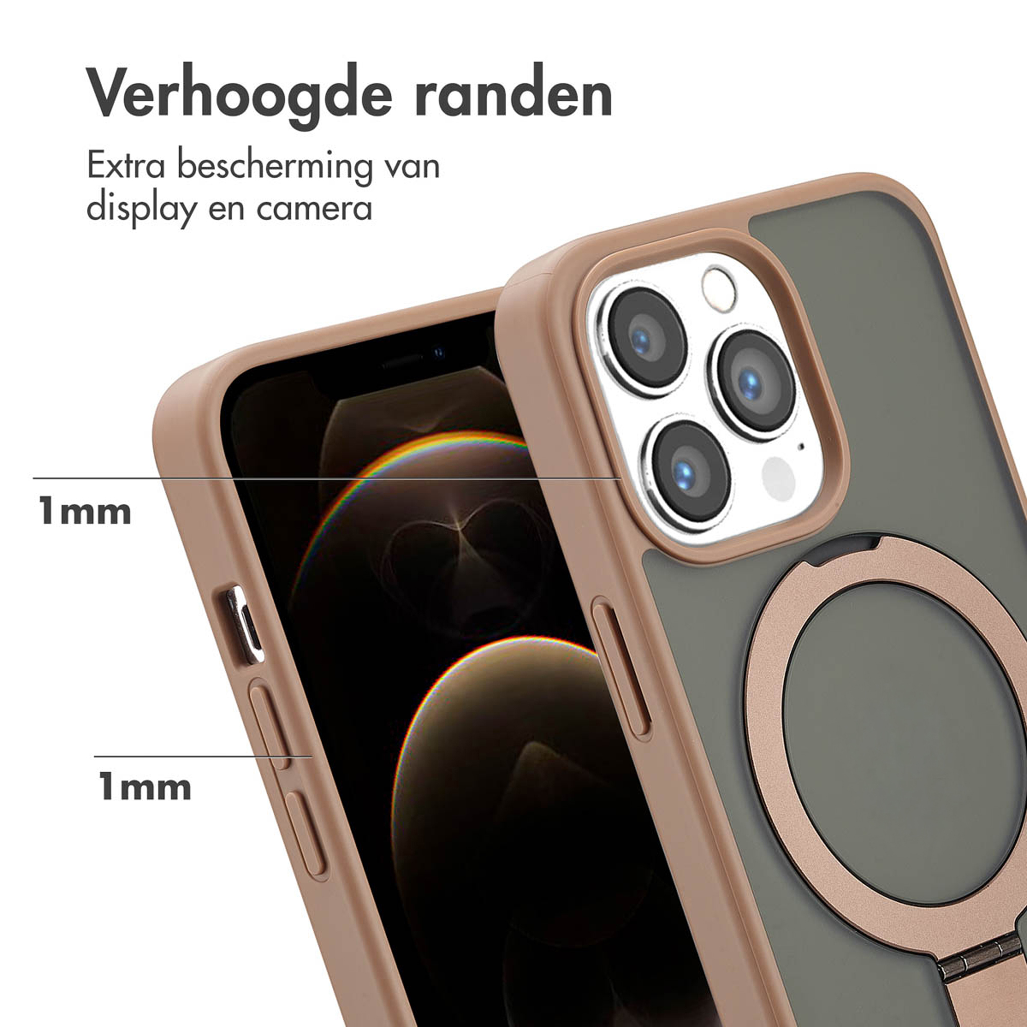 Custodia per telefono con bordi rialzati per proteggere schermo e fotocamera. Anello incluso.