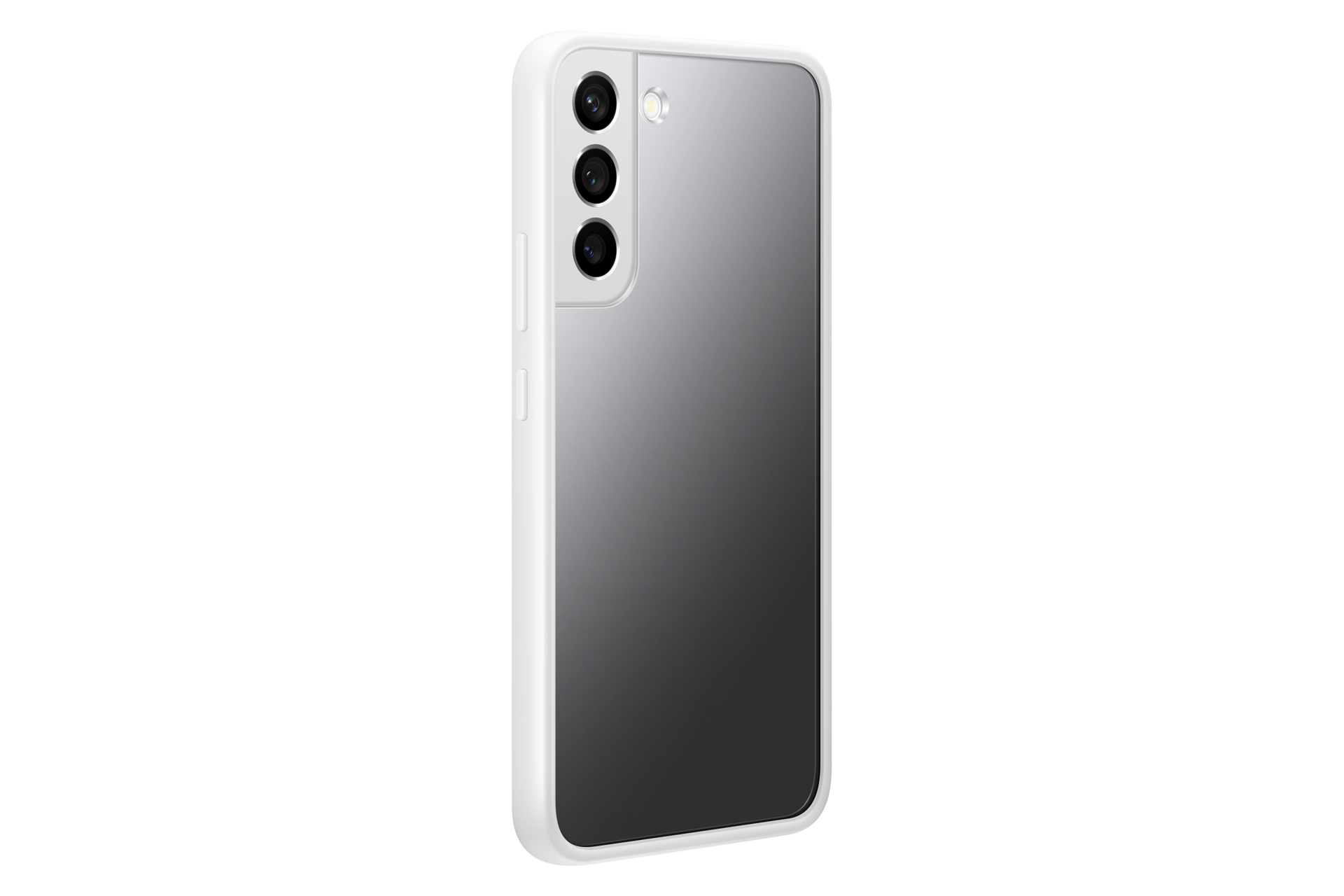 Rückseite eines weißen Smartphones mit drei Kameras und reflektierender Oberfläche.