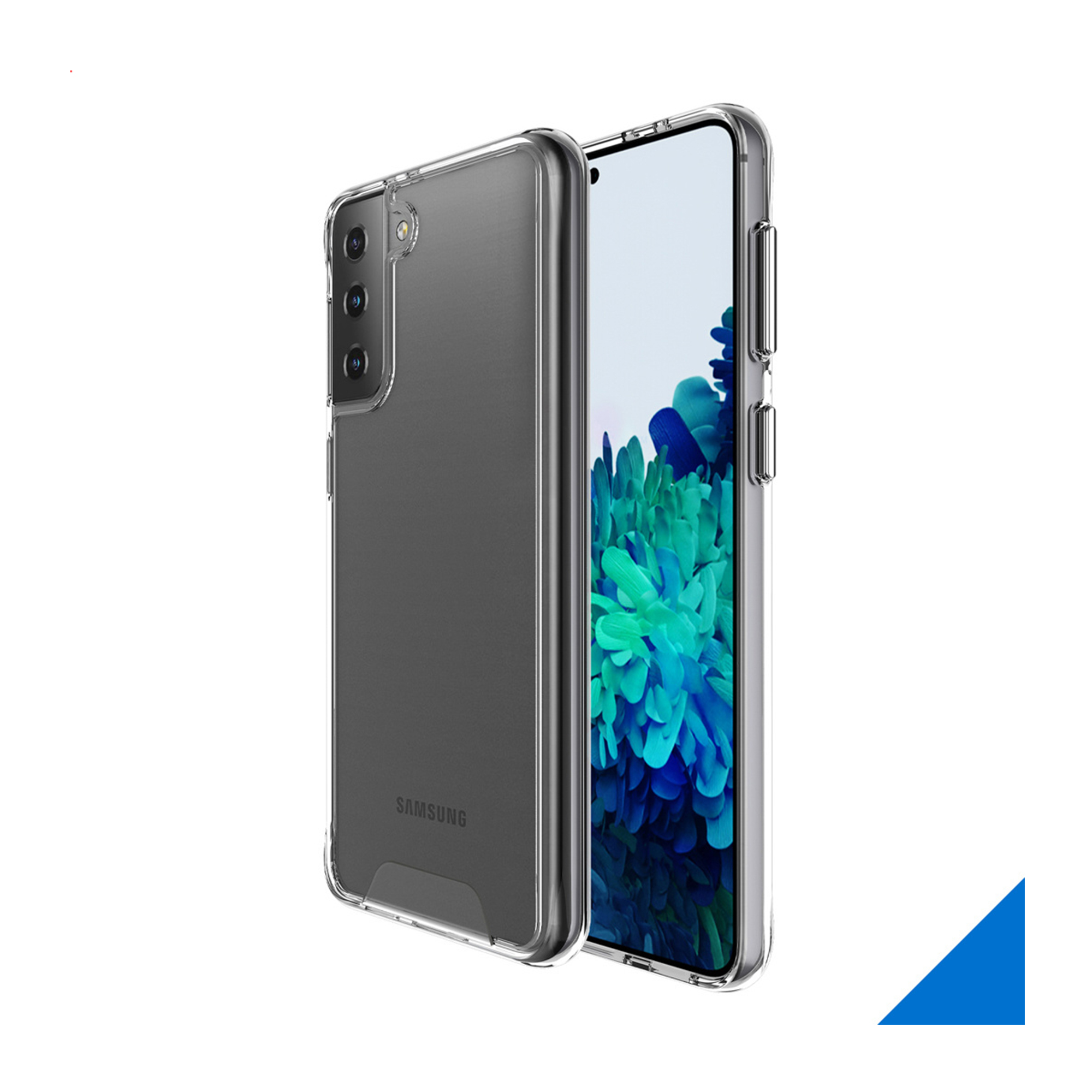 Un telefono Samsung trasparente con sfondo blu e tre obiettivi.