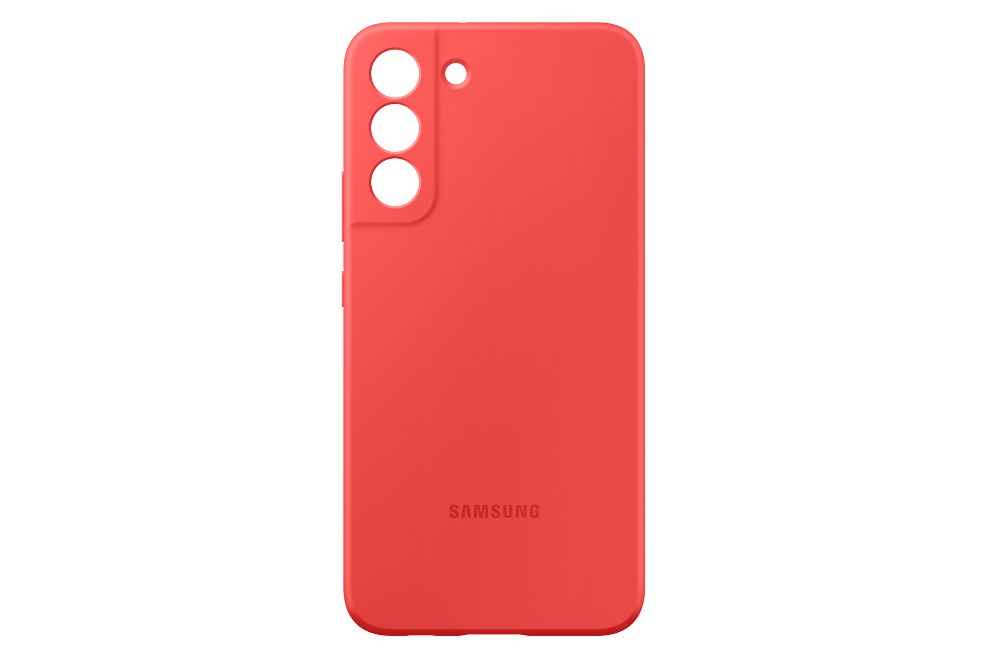 Una cover rossa Samsung con tre ritagli per fotocamera e logo Samsung.