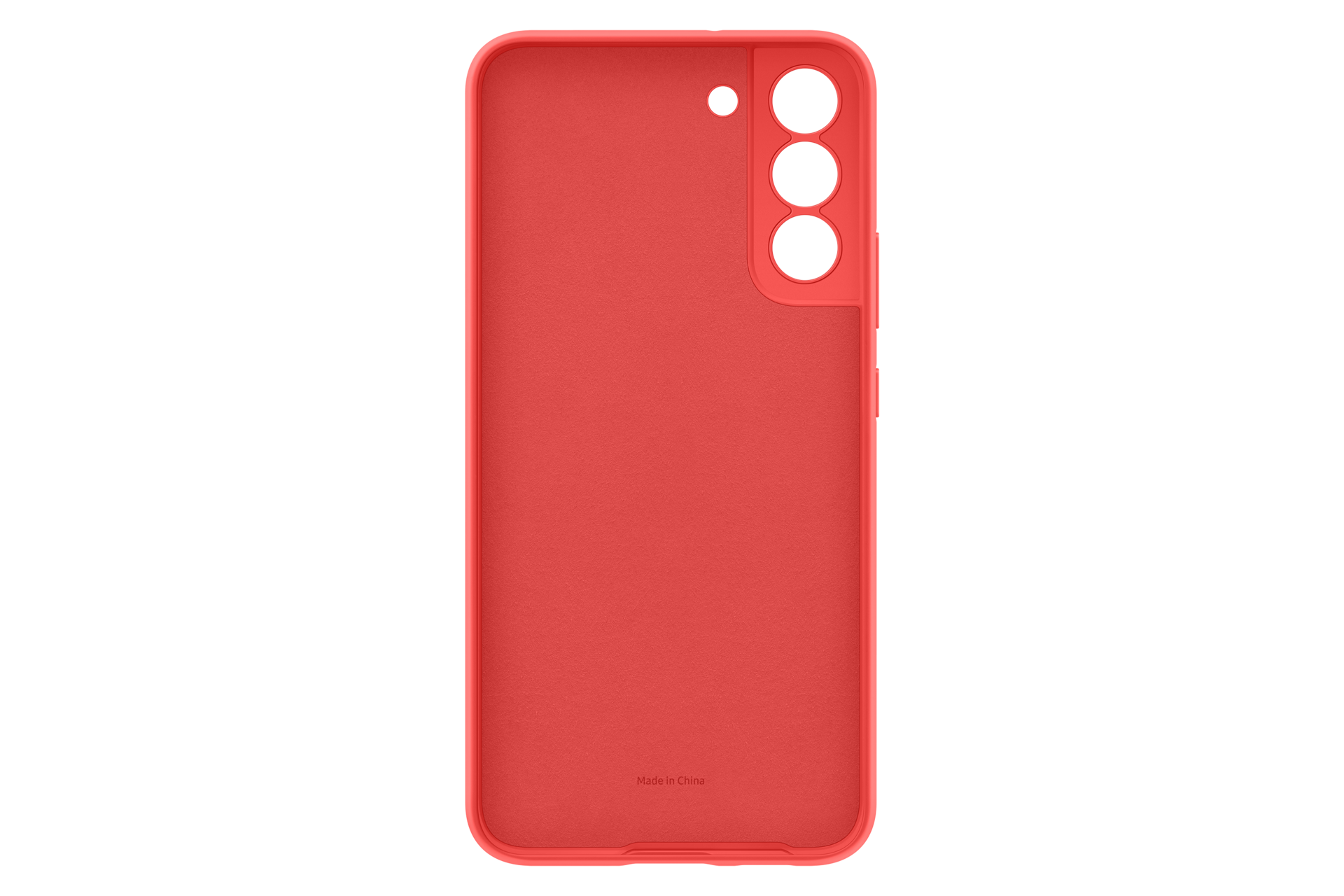 Custodia rossa per telefono con ritagli per tre fotocamere e flash.