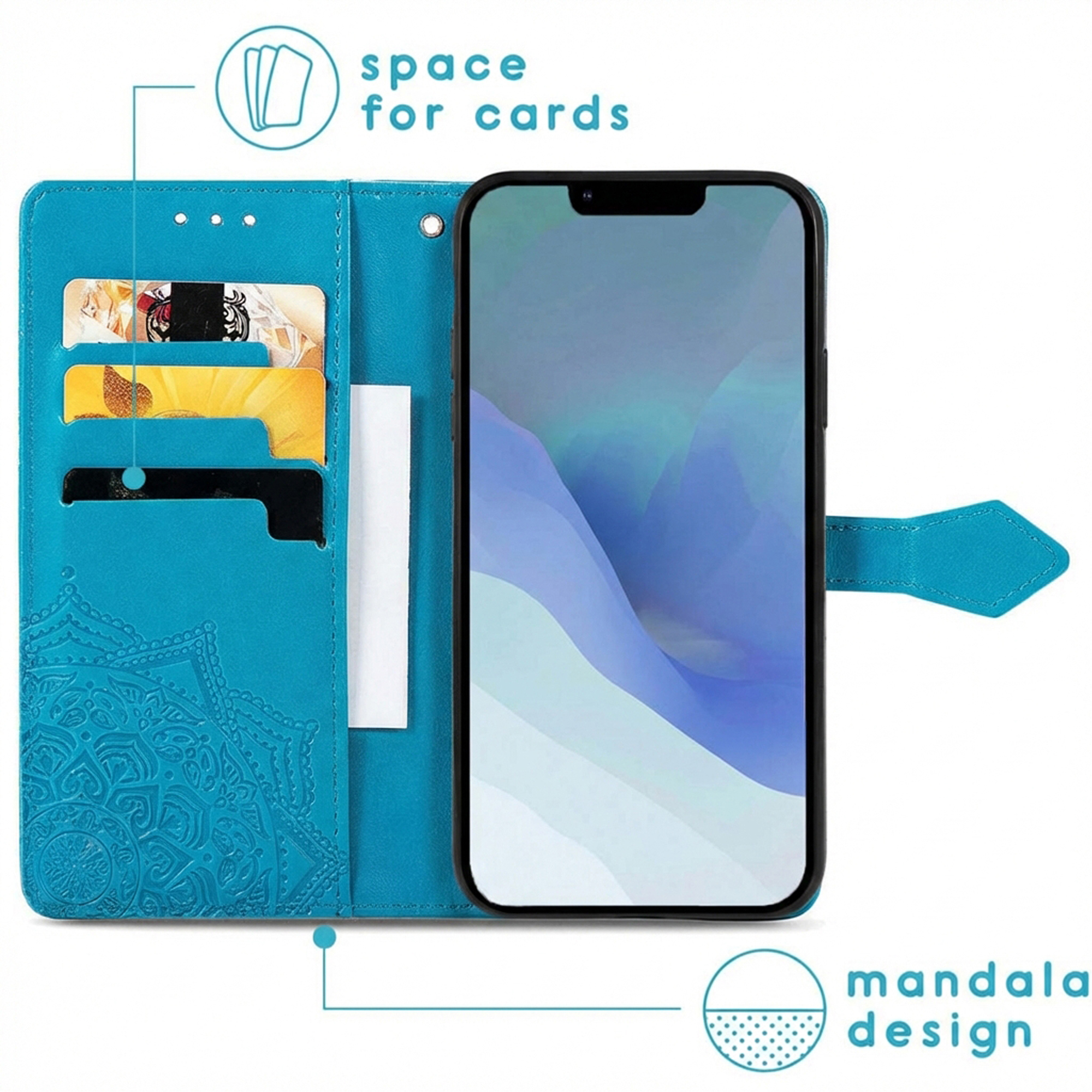 Custodia turchese per telefono con slot per carte e design mandala.
