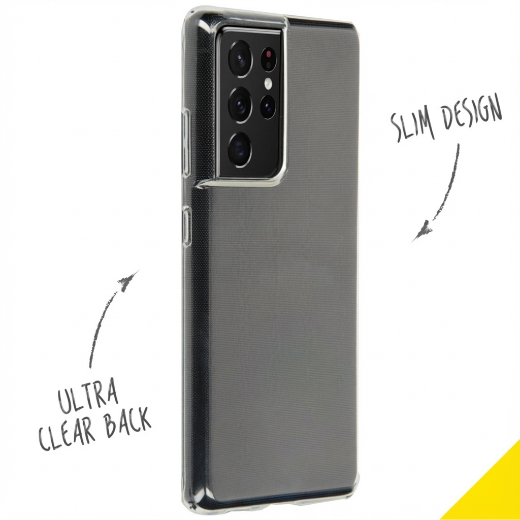 Clear phone case with quad camera and text.