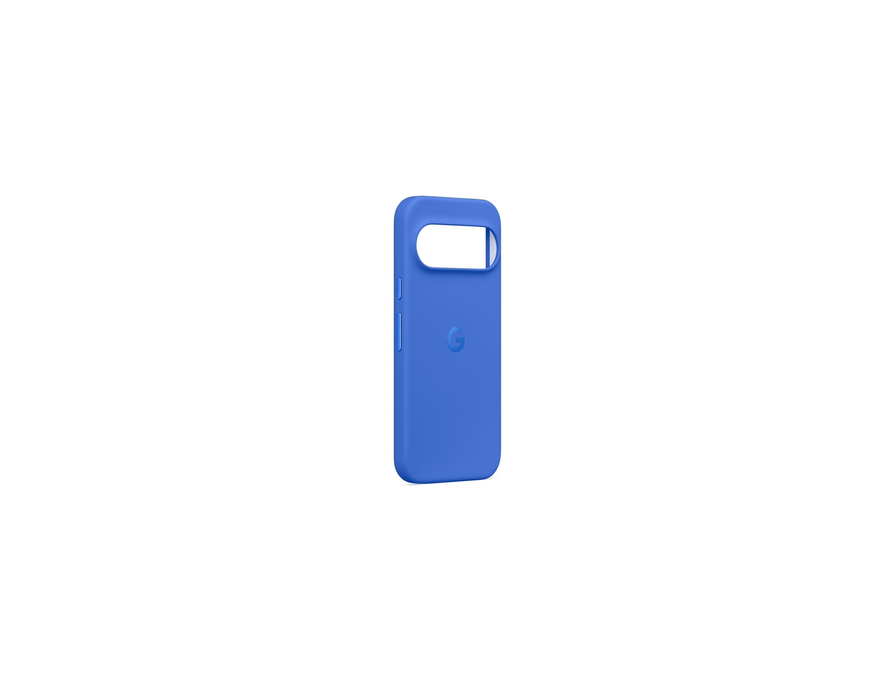 Custodia blu per telefono con logo Google su sfondo bianco.