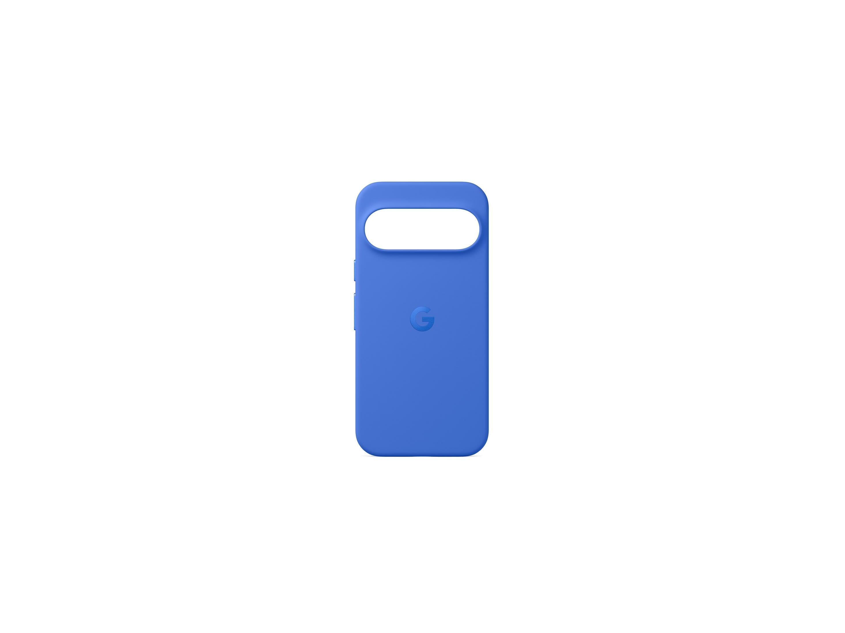 Una custodia blu per telefono con il logo G di Google.
