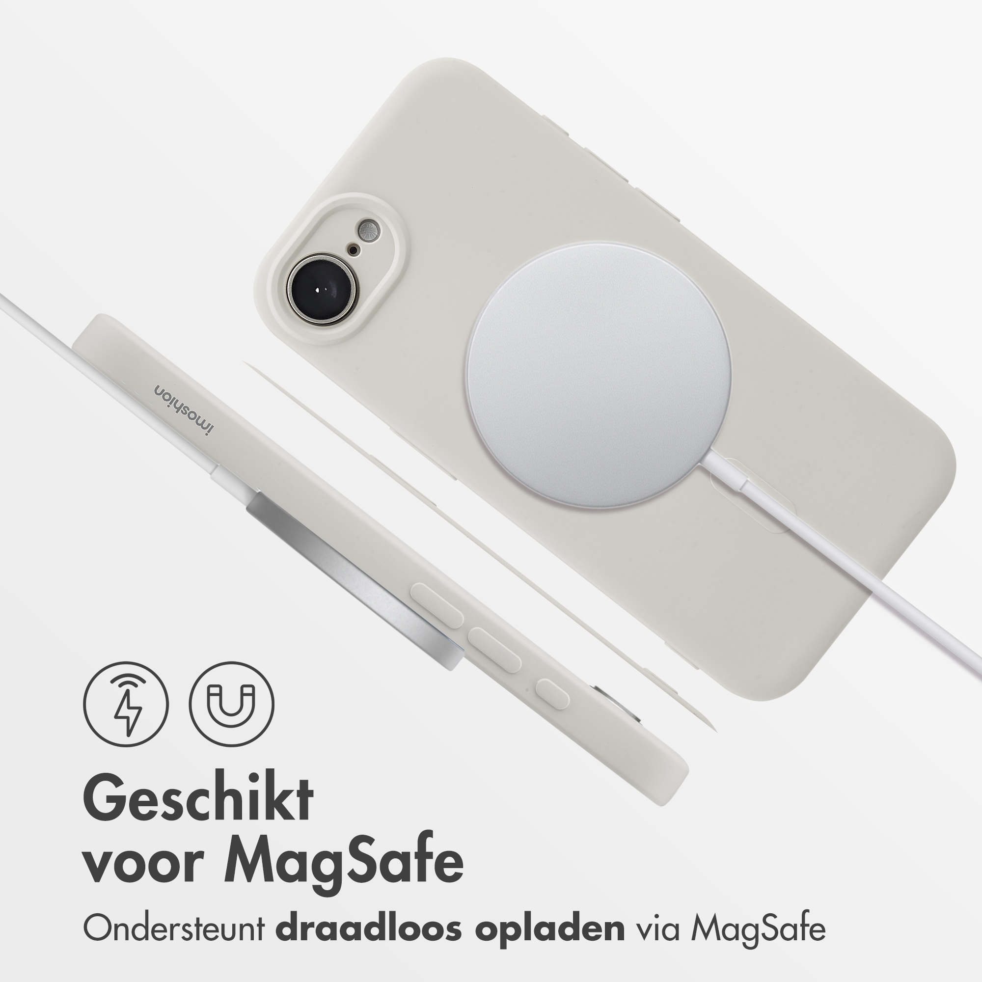 Un iPhone bianco con caricabatterie e custodia MagSafe. "Adatto per MagSafe".