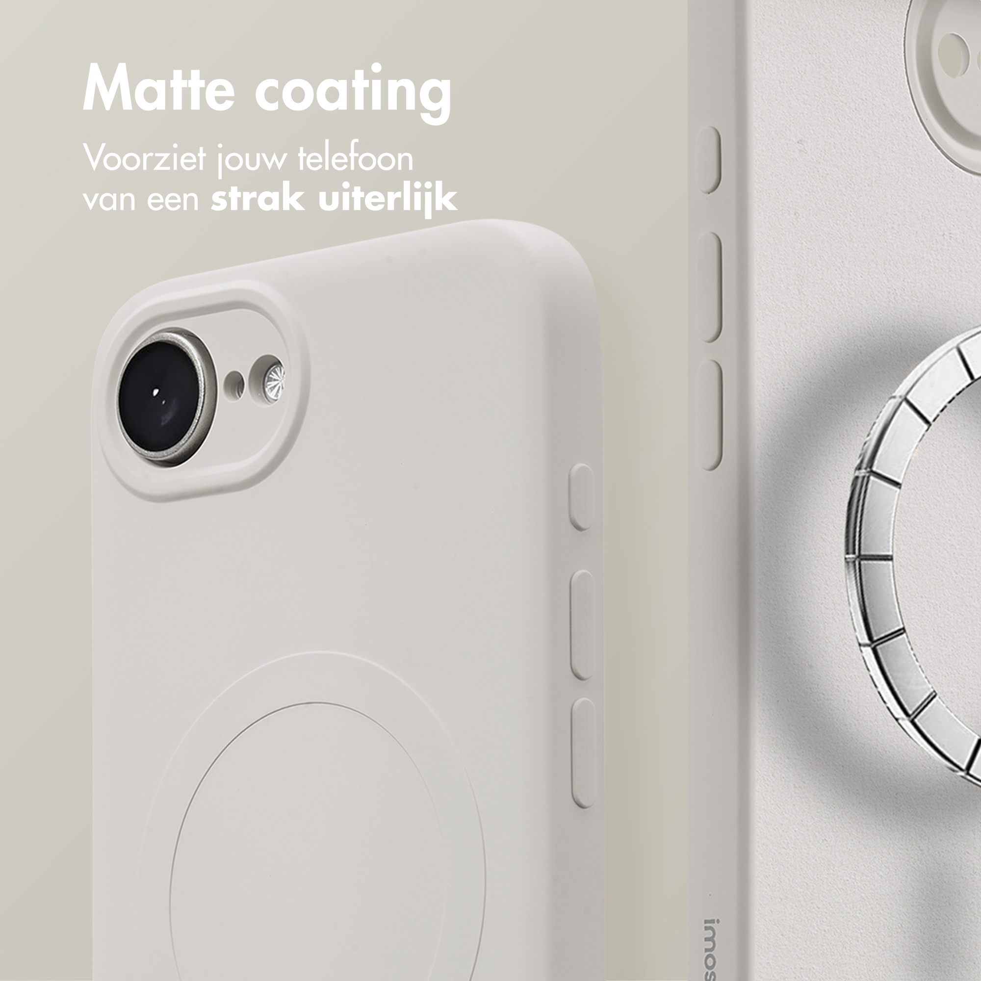Una custodia bianca per telefono con ritaglio fotocamera e anello magnetico.