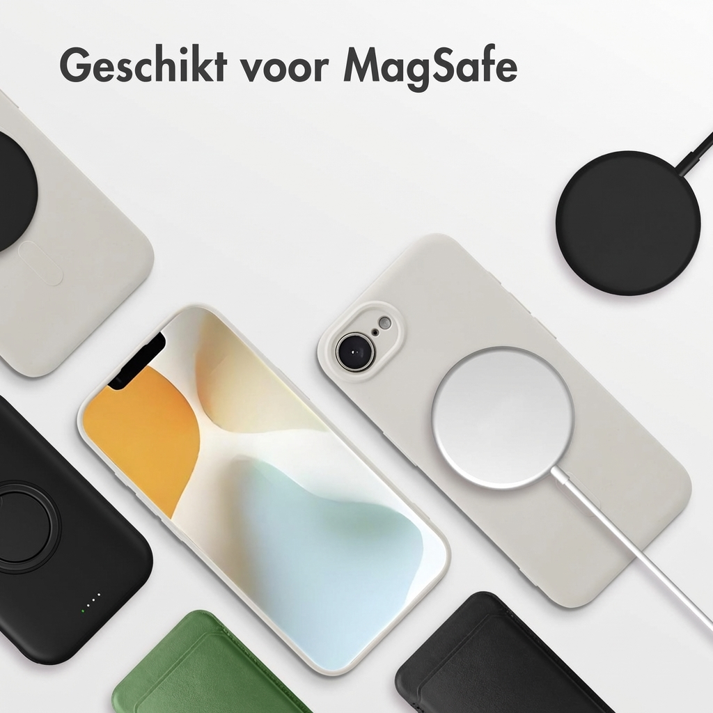 Diverse custodie compatibili MagSafe e un iPhone con caricabatterie.