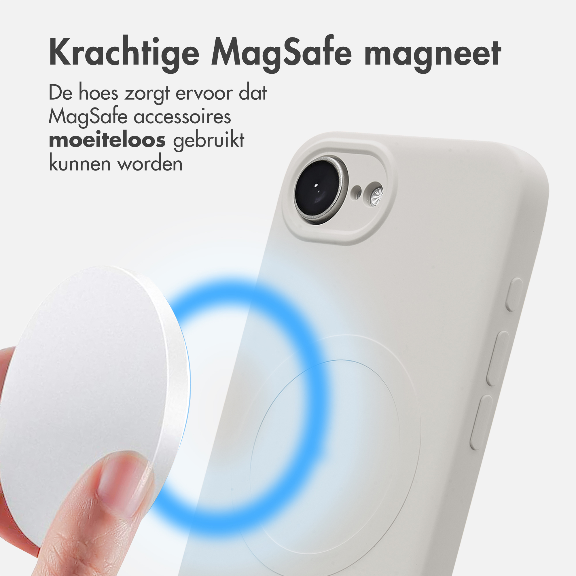 Una custodia MagSafe bianca con un magnete che si avvicina a un iPhone.