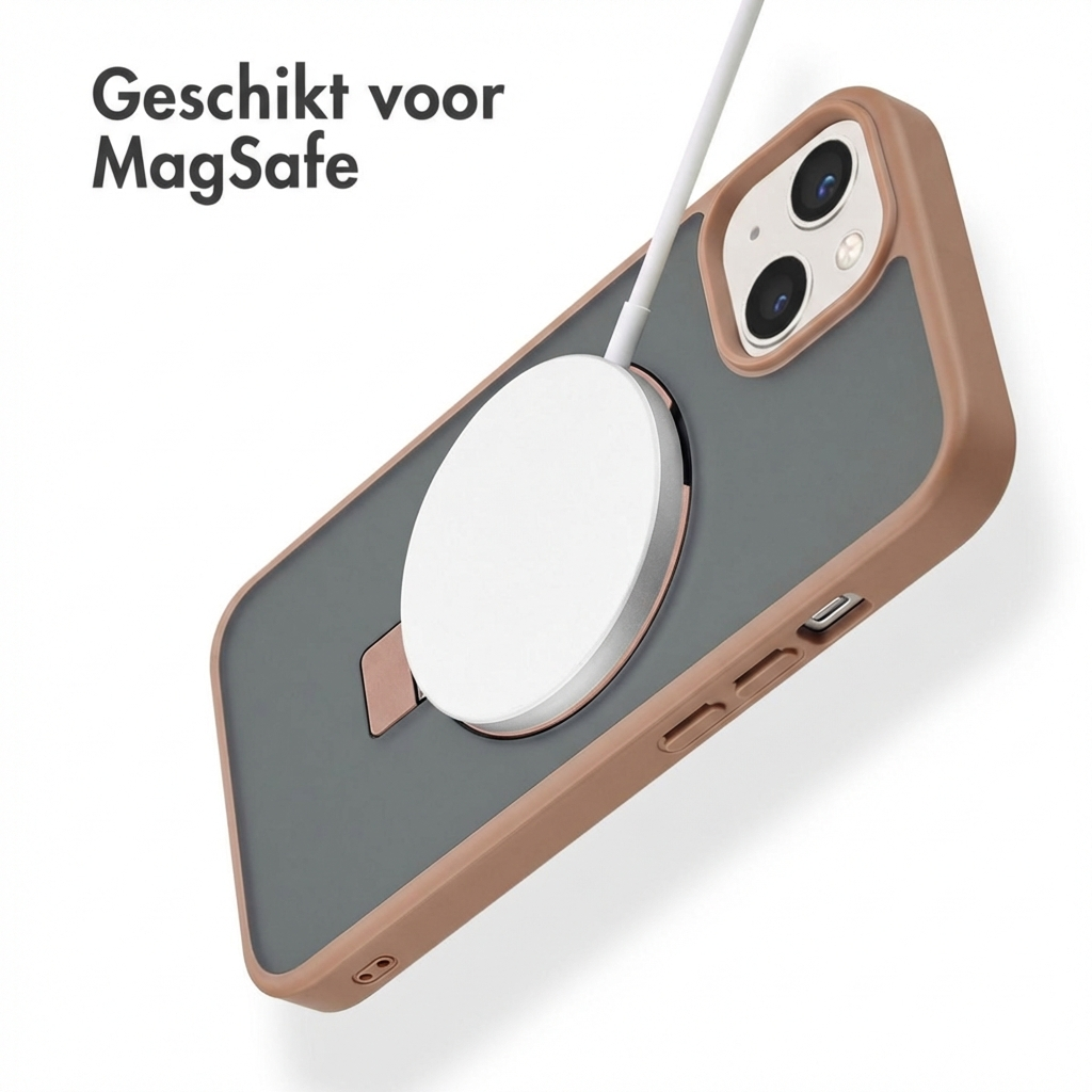 iPhone con caricatore MagSafe e cover marrone-grigio, adatta per MagSafe.