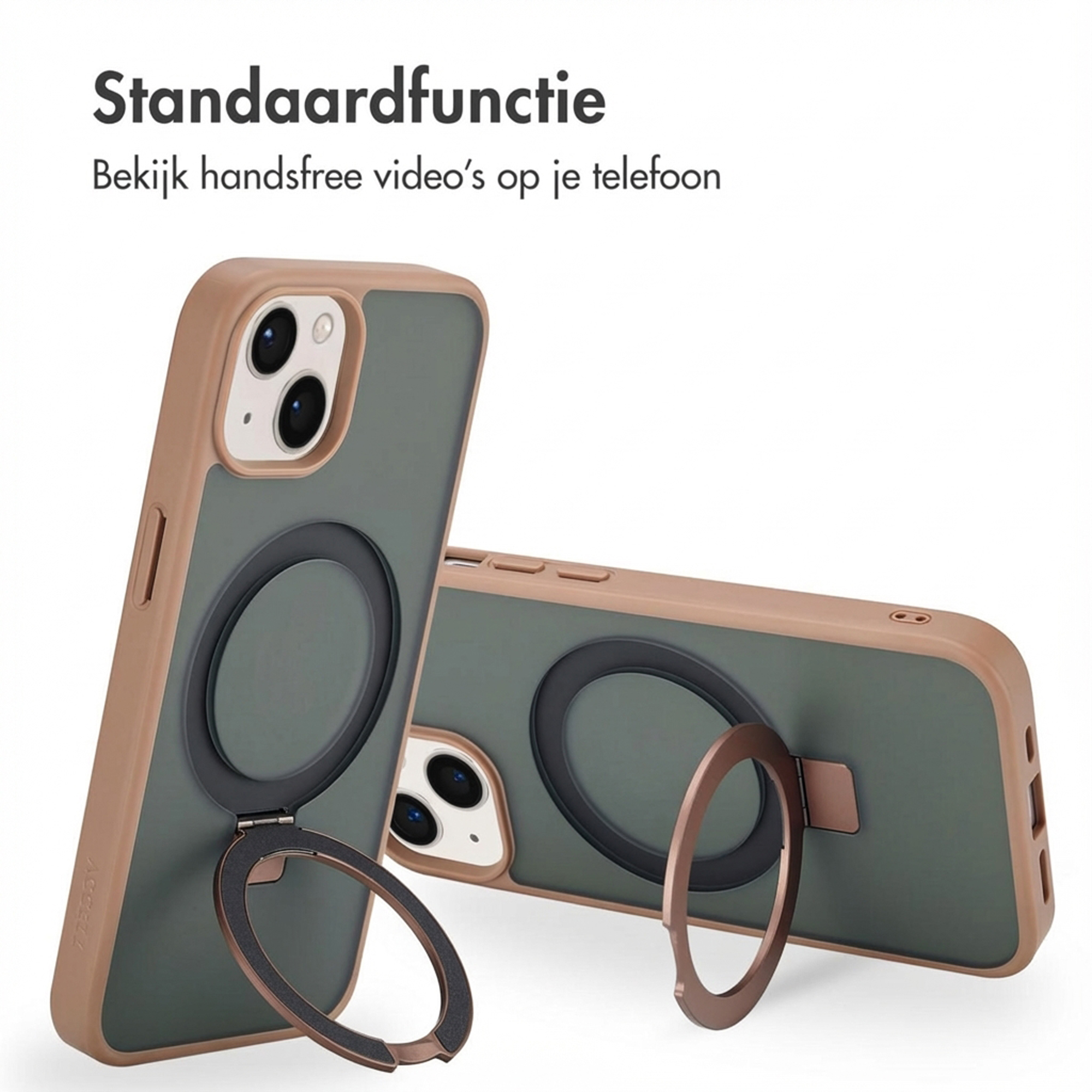 Due custodie per telefono grigie e marroni con anello porta anello su sfondo bianco.