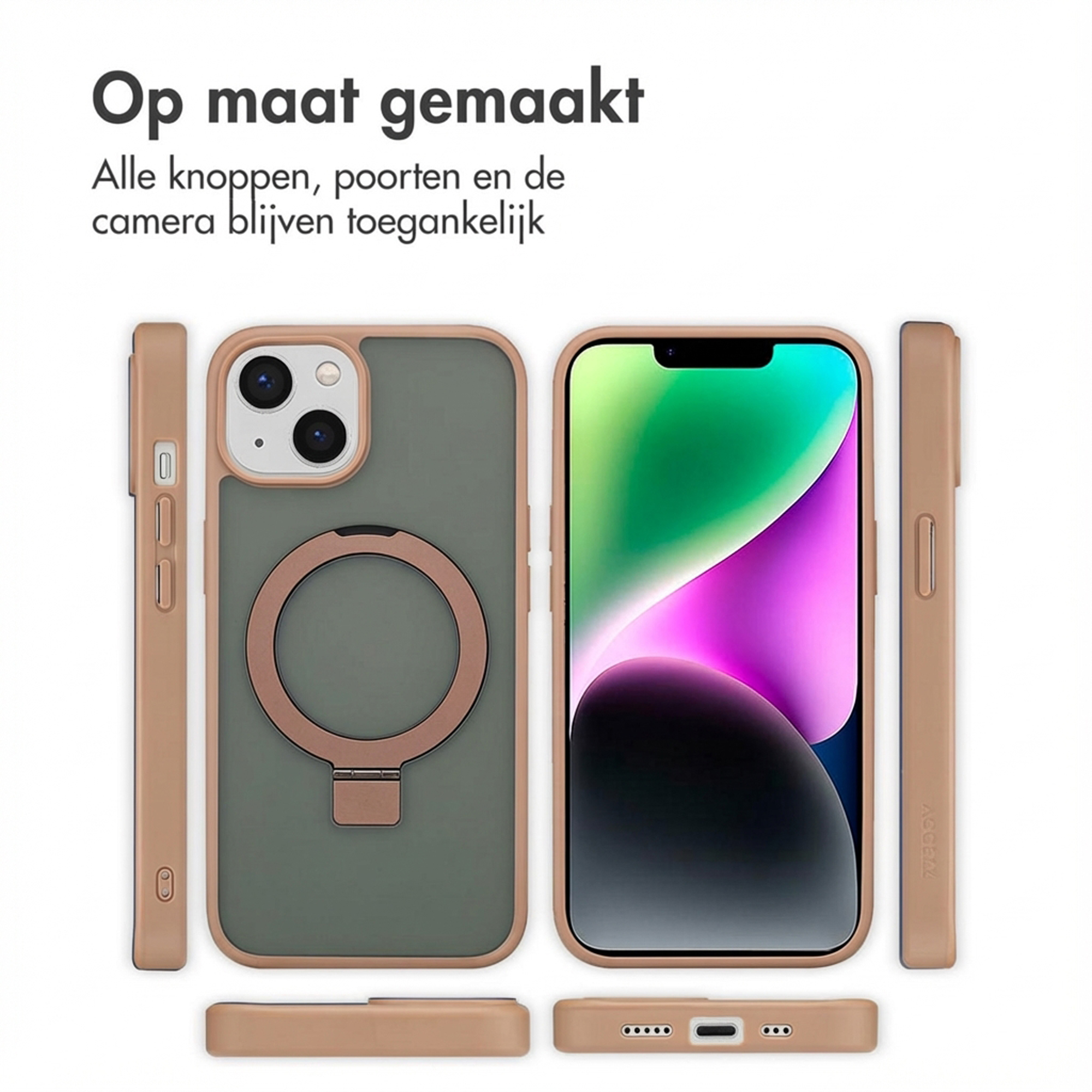 Una custodia per telefono color cuoio con anello, che mostra parte di un iPhone.