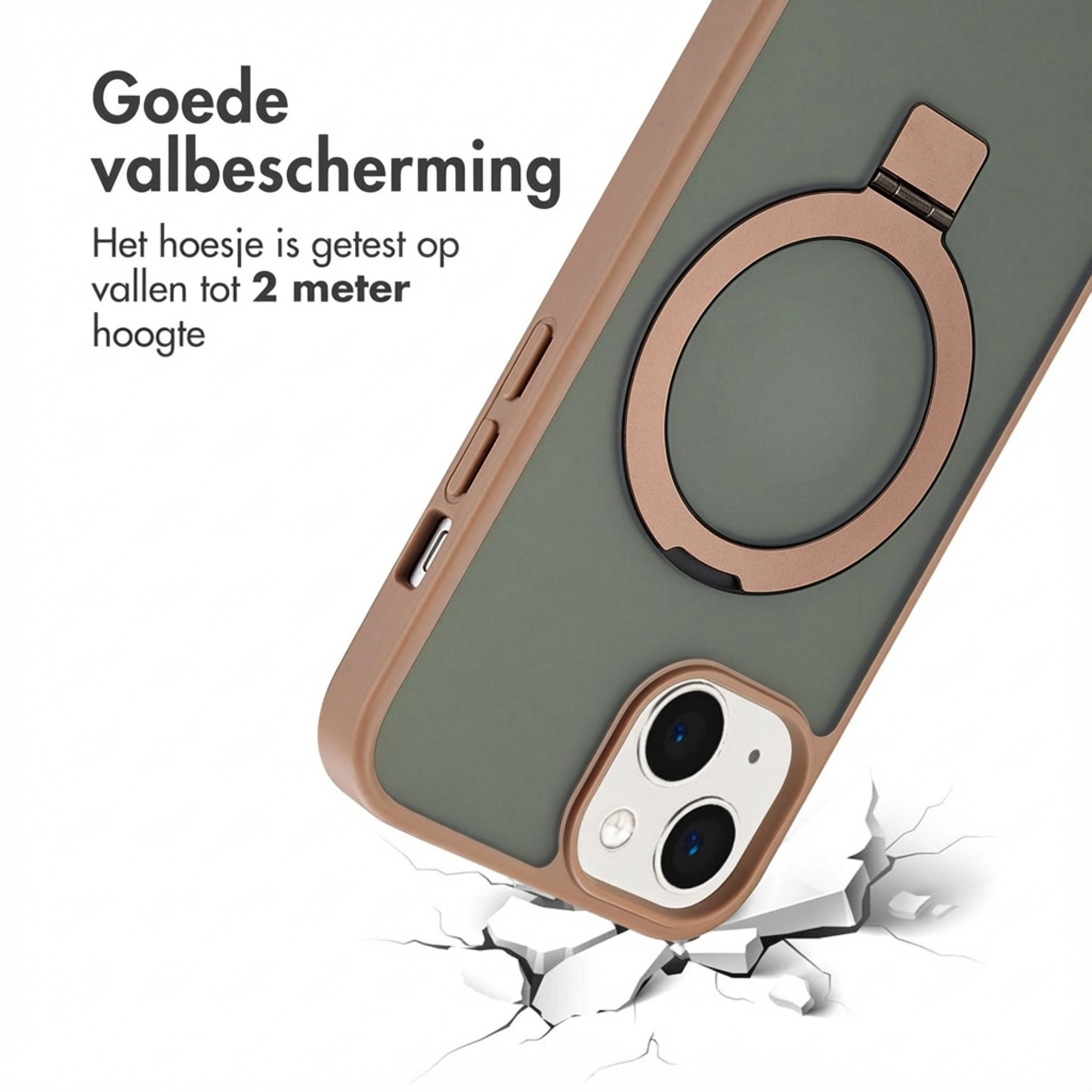 Una cover per telefono con anello cade su un terreno incrinato. Testata da 2m.