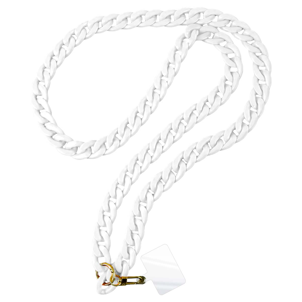 Eine weiße Gliederkette mit goldenem Karabiner und durchsichtigem Anhänger.
