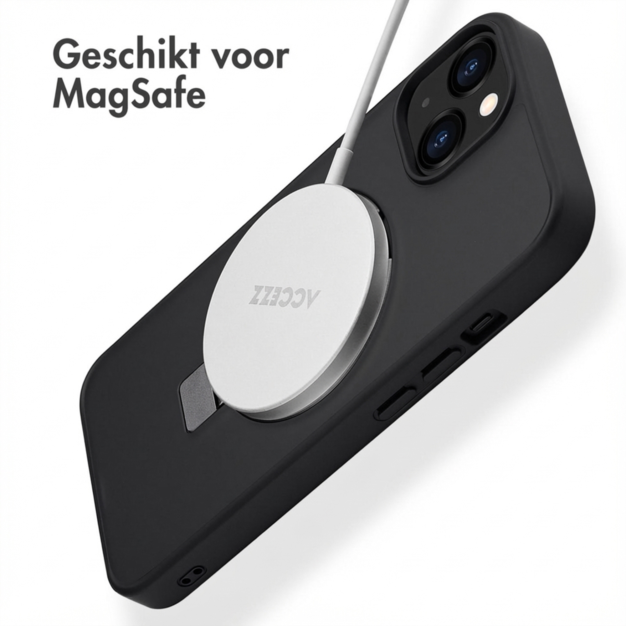 iPhone nero con caricabatterie e cavo MagSafe. Testo: "Geschikt voor MagSafe".