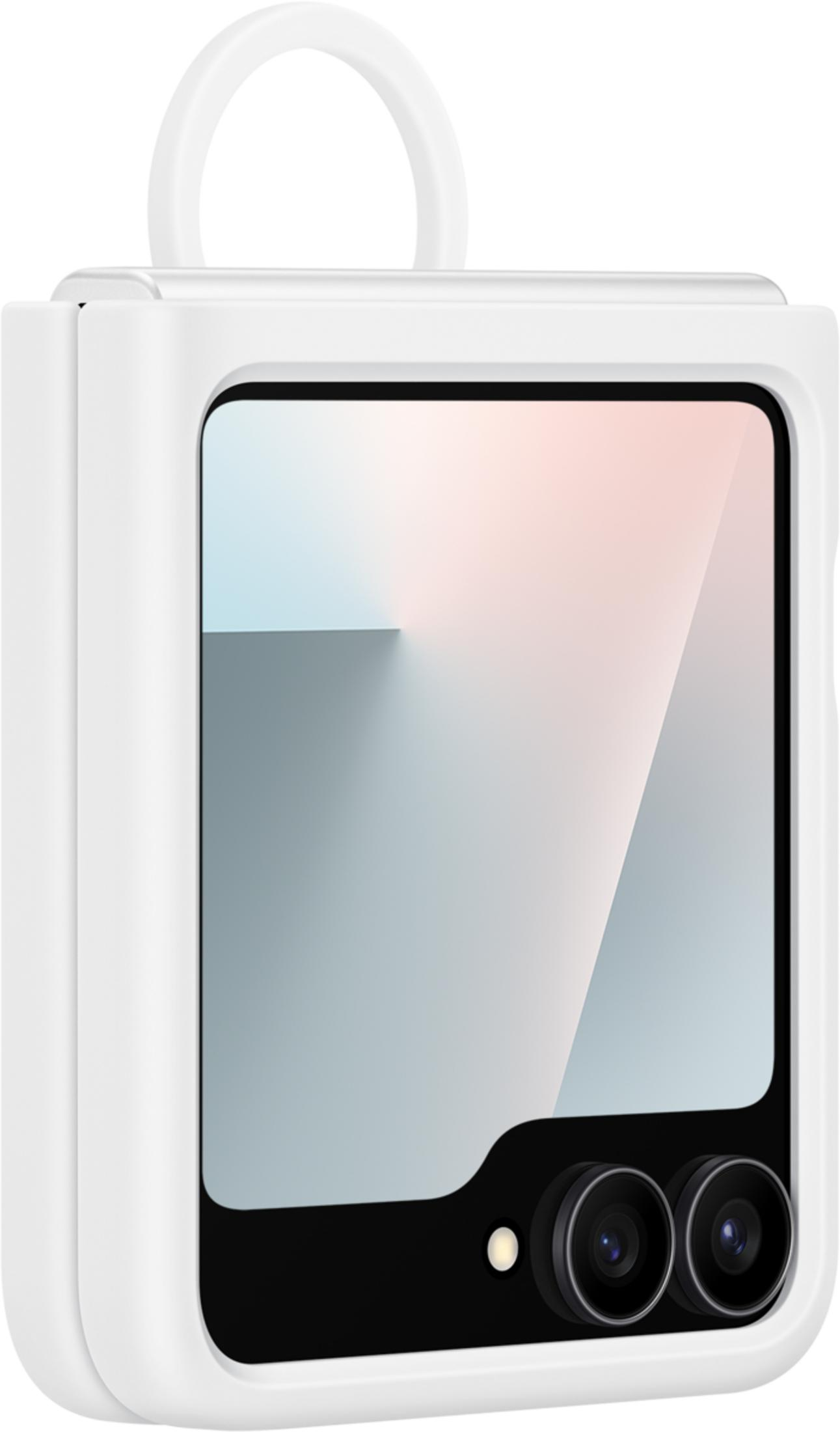 Un smartphone blanco con un anillo y dos cámaras.