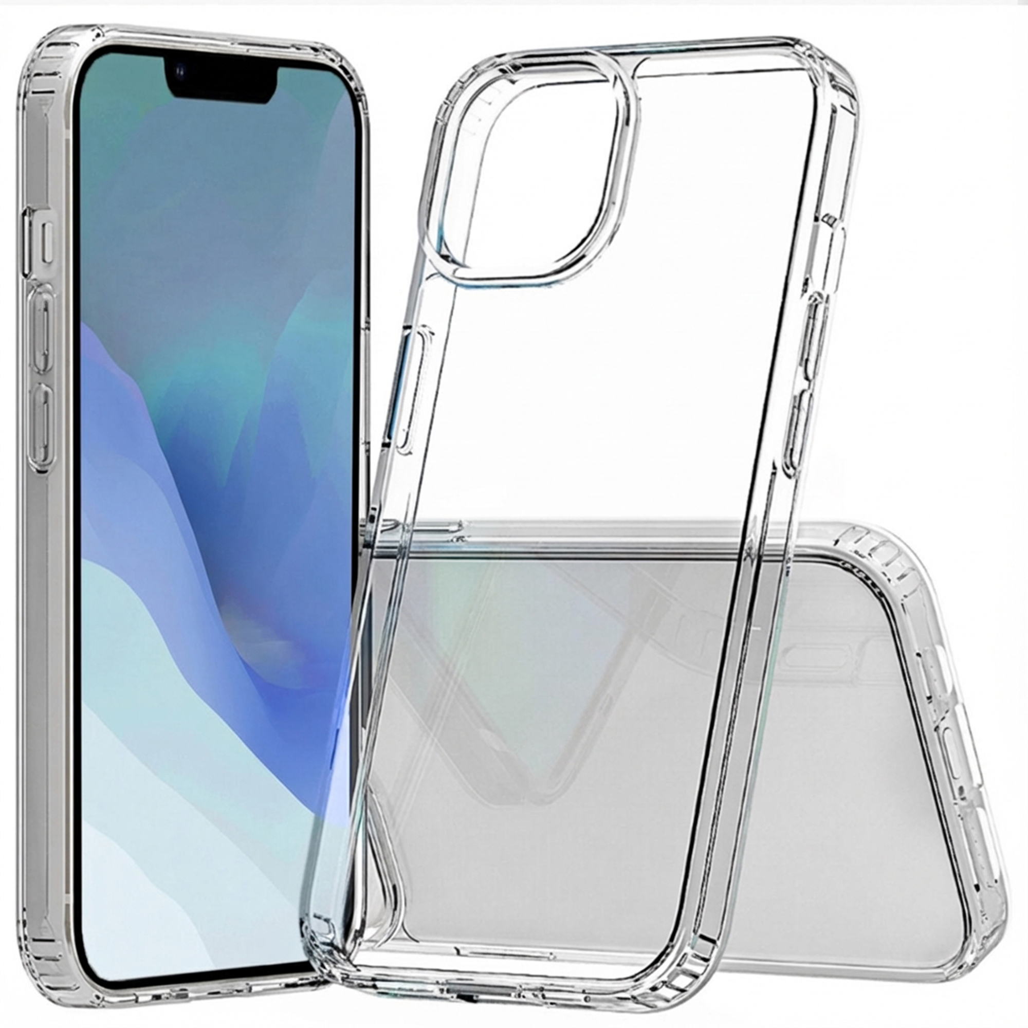 Una custodia trasparente per telefono accanto a uno smartphone con schermo blu.