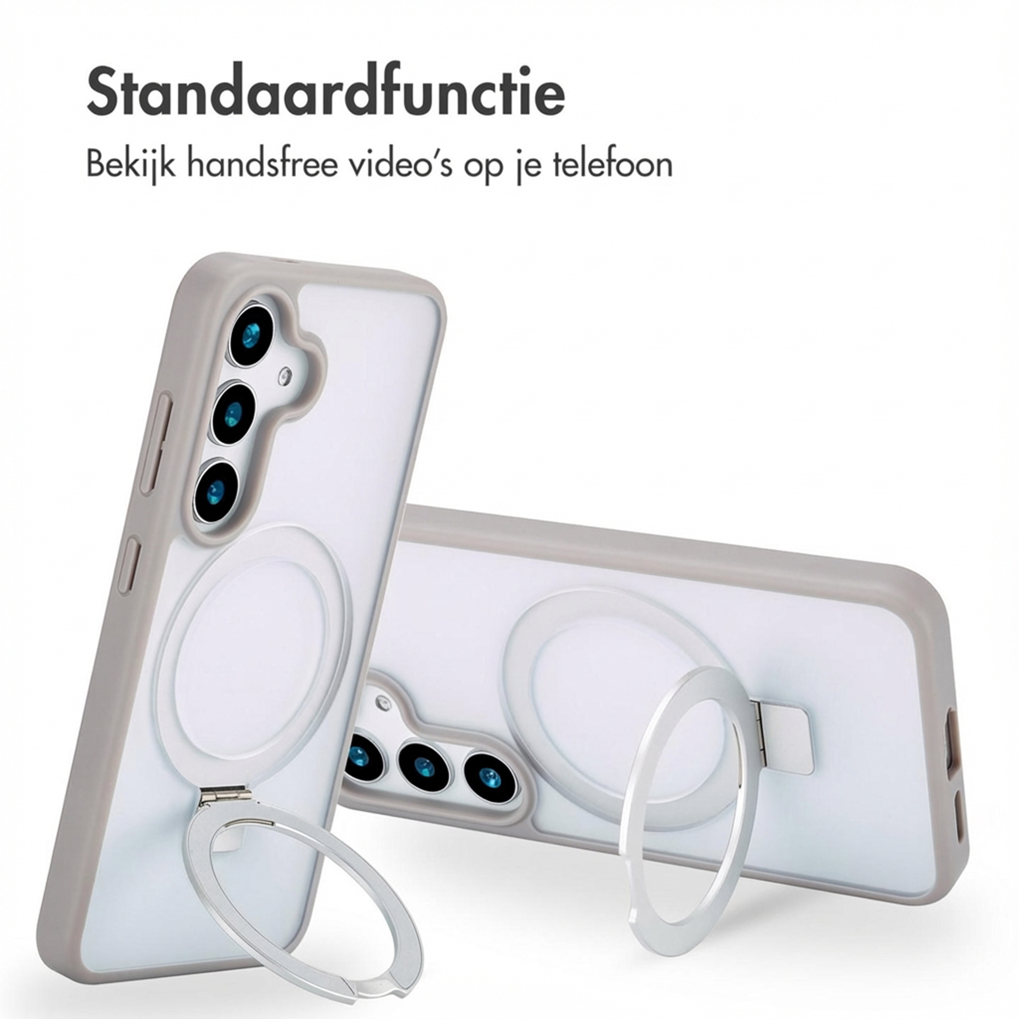 Custodia grigia per telefono con anello e tre fotocamere.