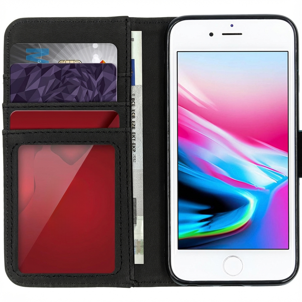 Schwarze Brieftaschenhülle mit Telefon, Karten und Schein. Rote Innentaschen.