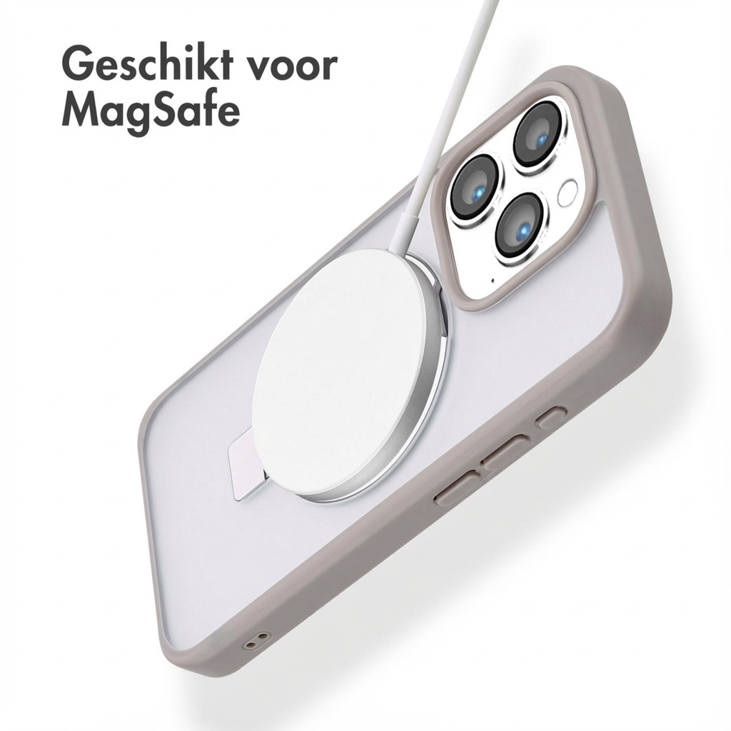 Custodia grigia per iPhone con caricatore MagSafe bianco e cavo.