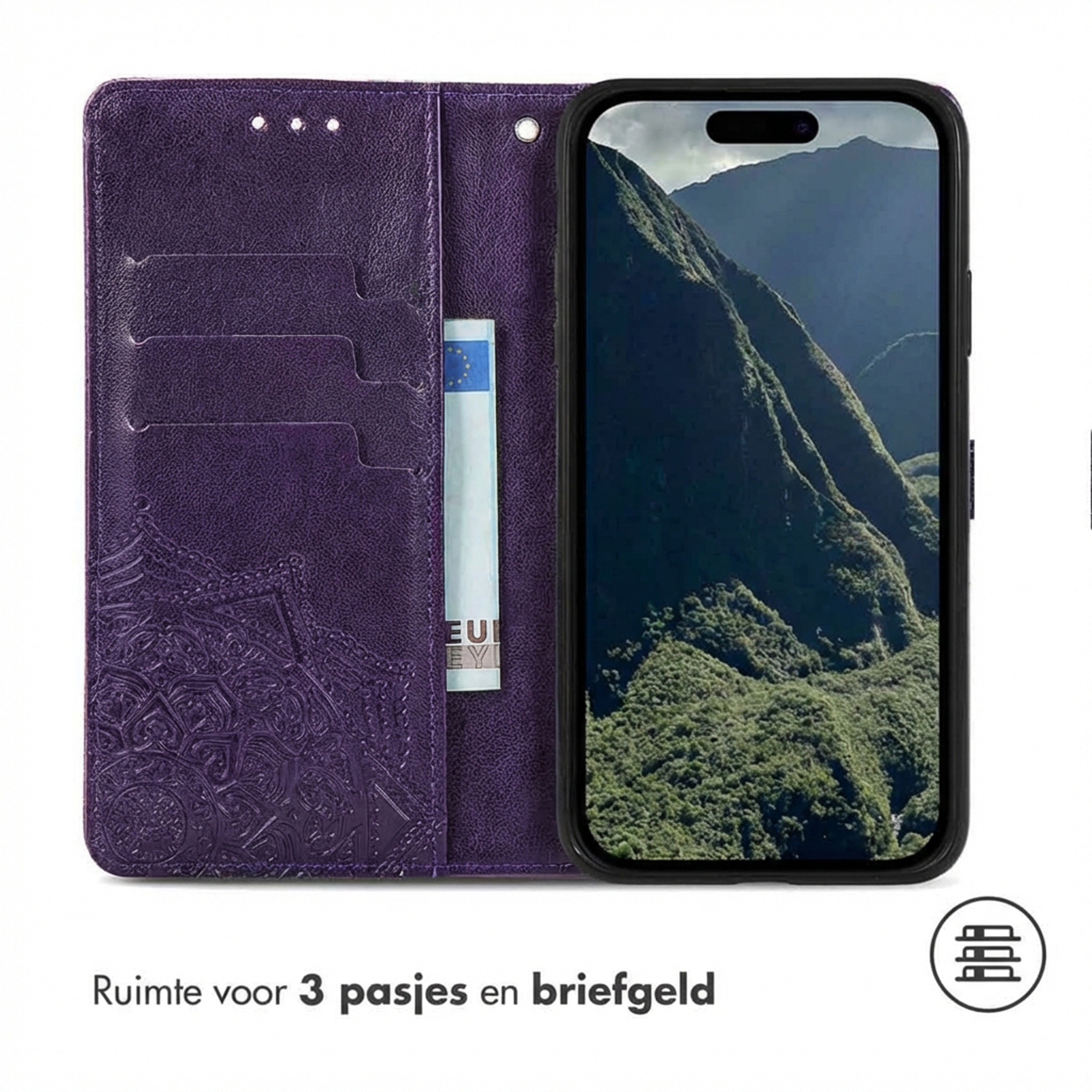 Custodia viola per telefono con slot per carte e tasca per contanti, accanto a uno smartphone con paesaggio montano.