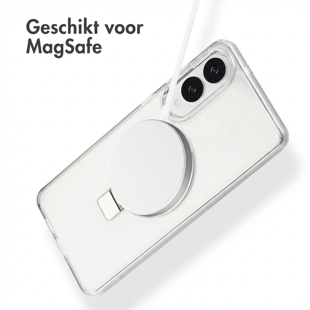 Una custodia trasparente per telefono con anello MagSafe e cavo.