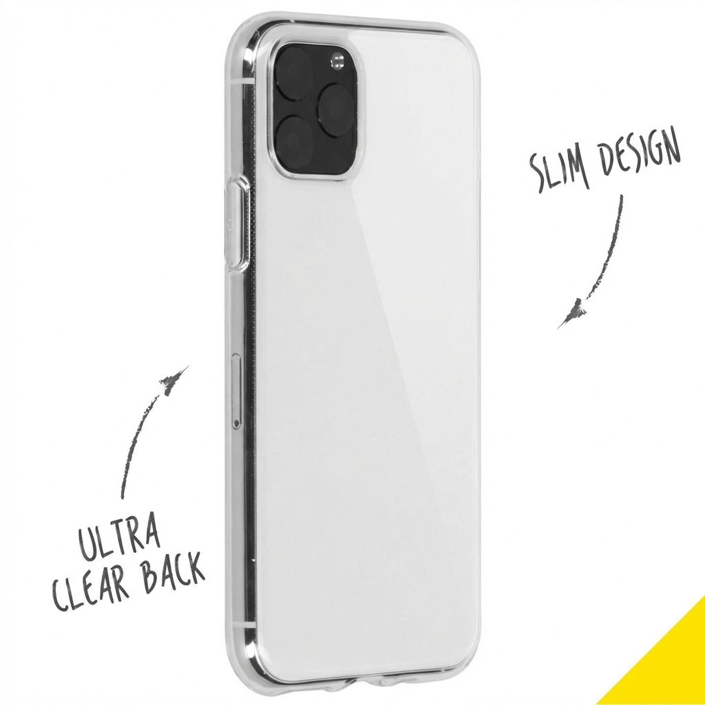 Doorzichtige telefoonhoes met zilveren rand, toont camera en knoppen.