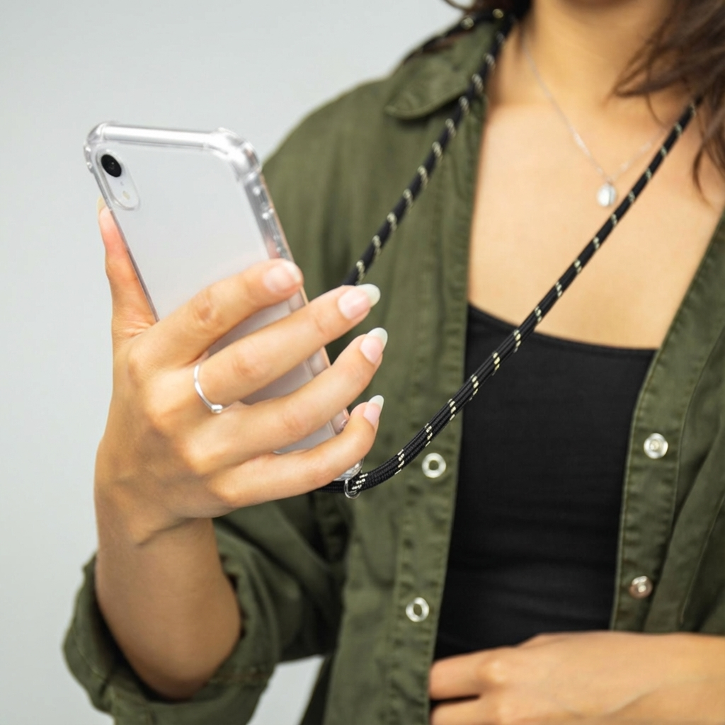 Eine Frau hält ein Smartphone mit einer transparenten Hülle und einem schwarzen Band.