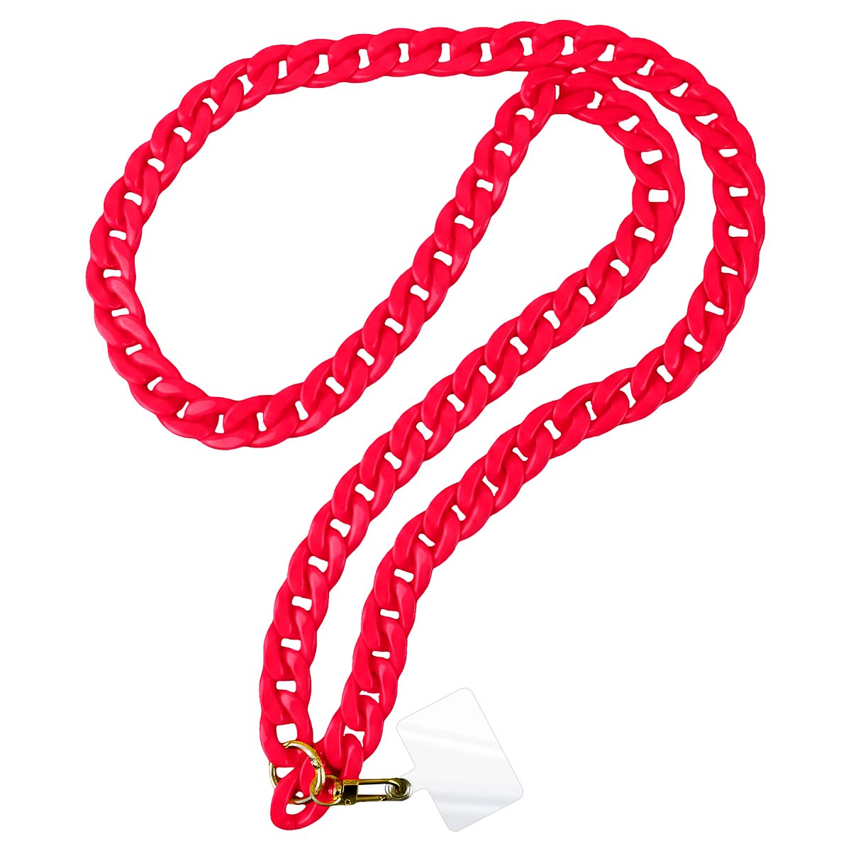 Eine leuchtend rote Gliederkette mit Karabiner und Anhänger.