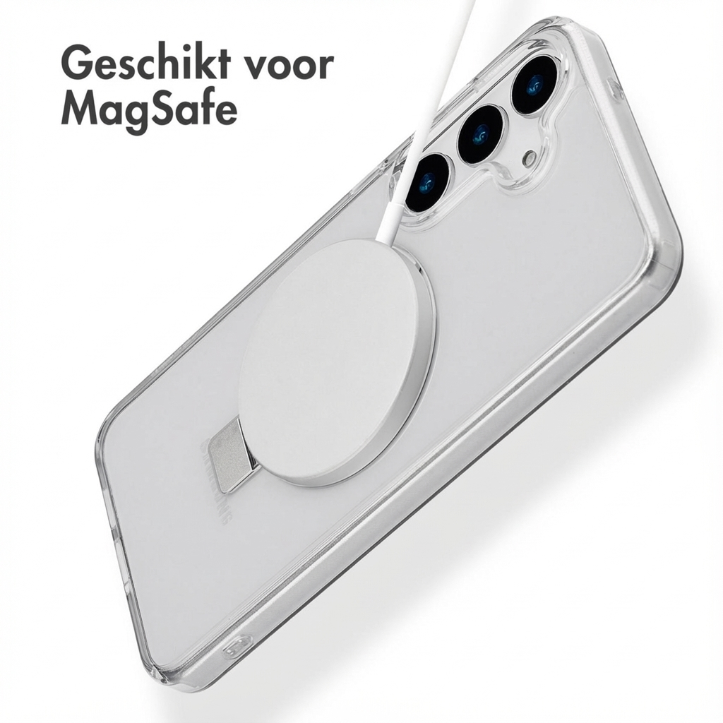 Custodia trasparente per telefono con caricabatterie MagSafe e cavo.