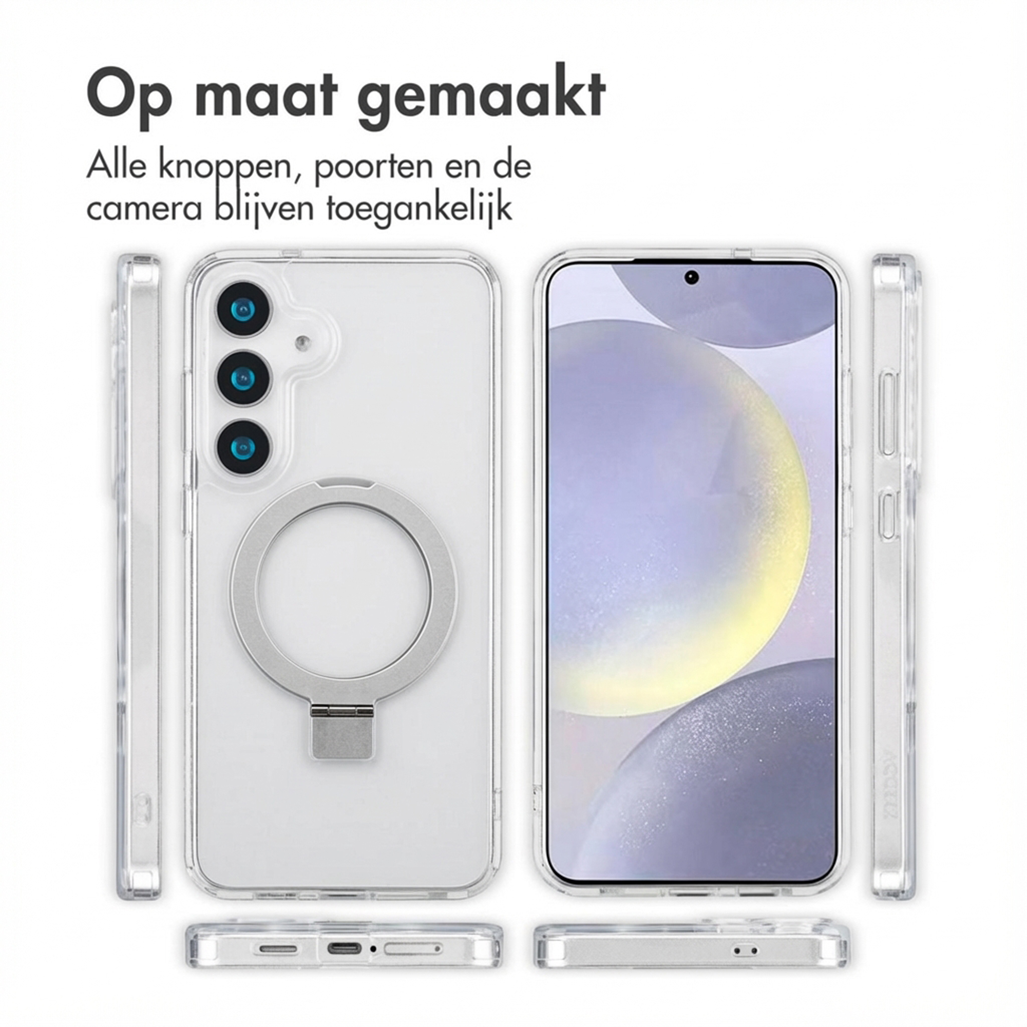 Custodia trasparente per telefono con anello e ritagli per fotocamera/porte.