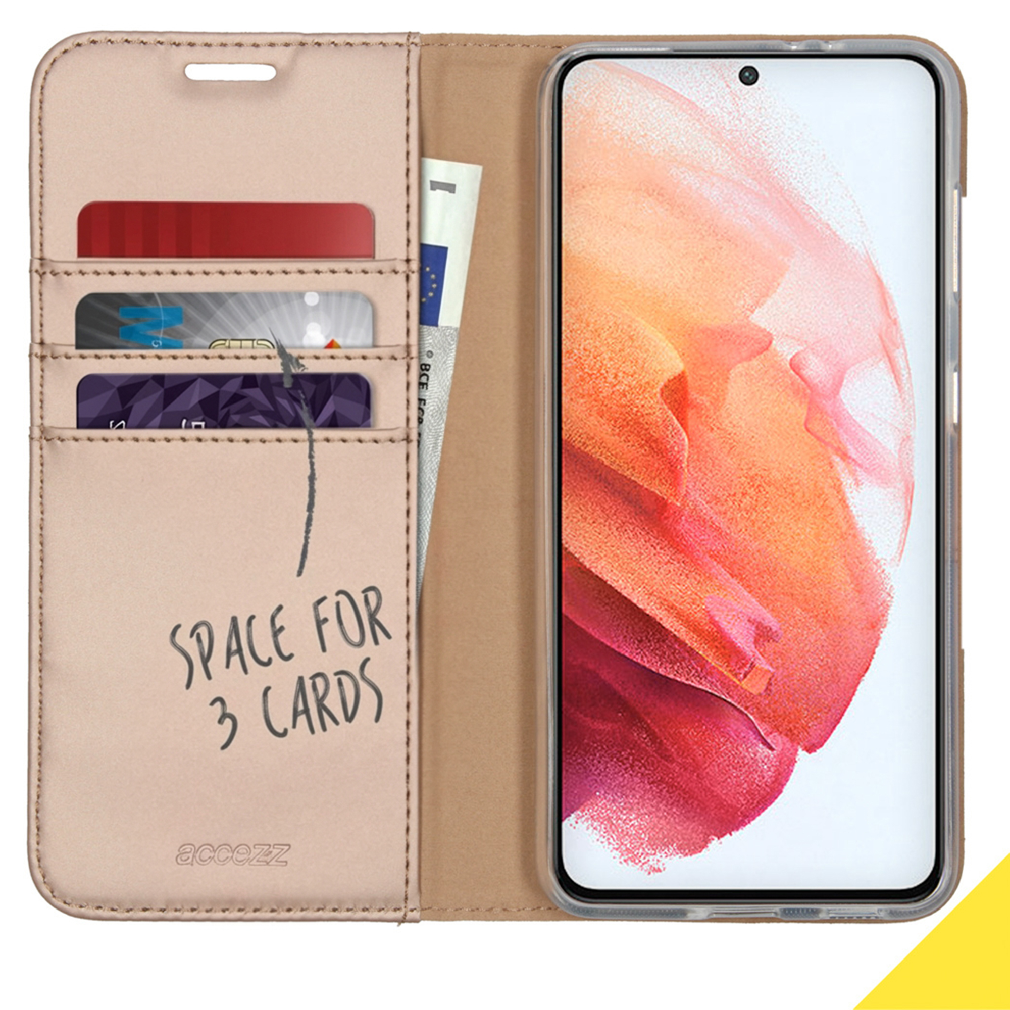 Una custodia per telefono beige con slot per carte e un telefono con display rosso.