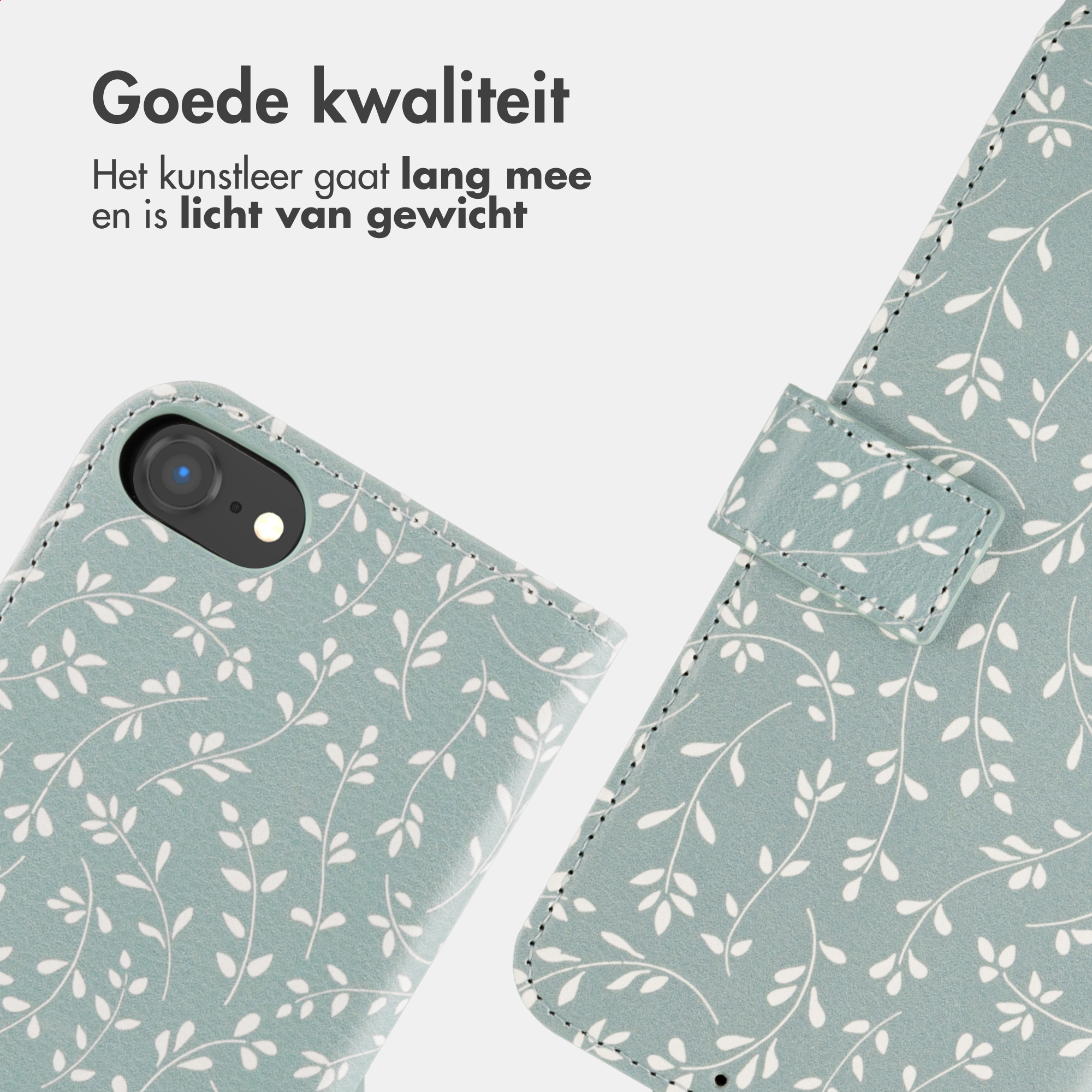 A blue and white floral patterned phone case. Good leather.