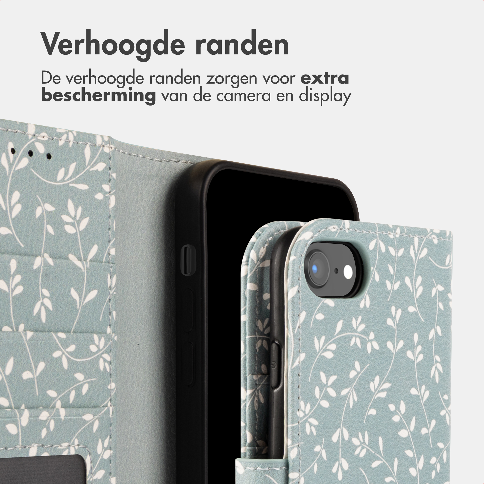 A blue and white phone case with a leaf pattern. Raised edges protect the camera and display.