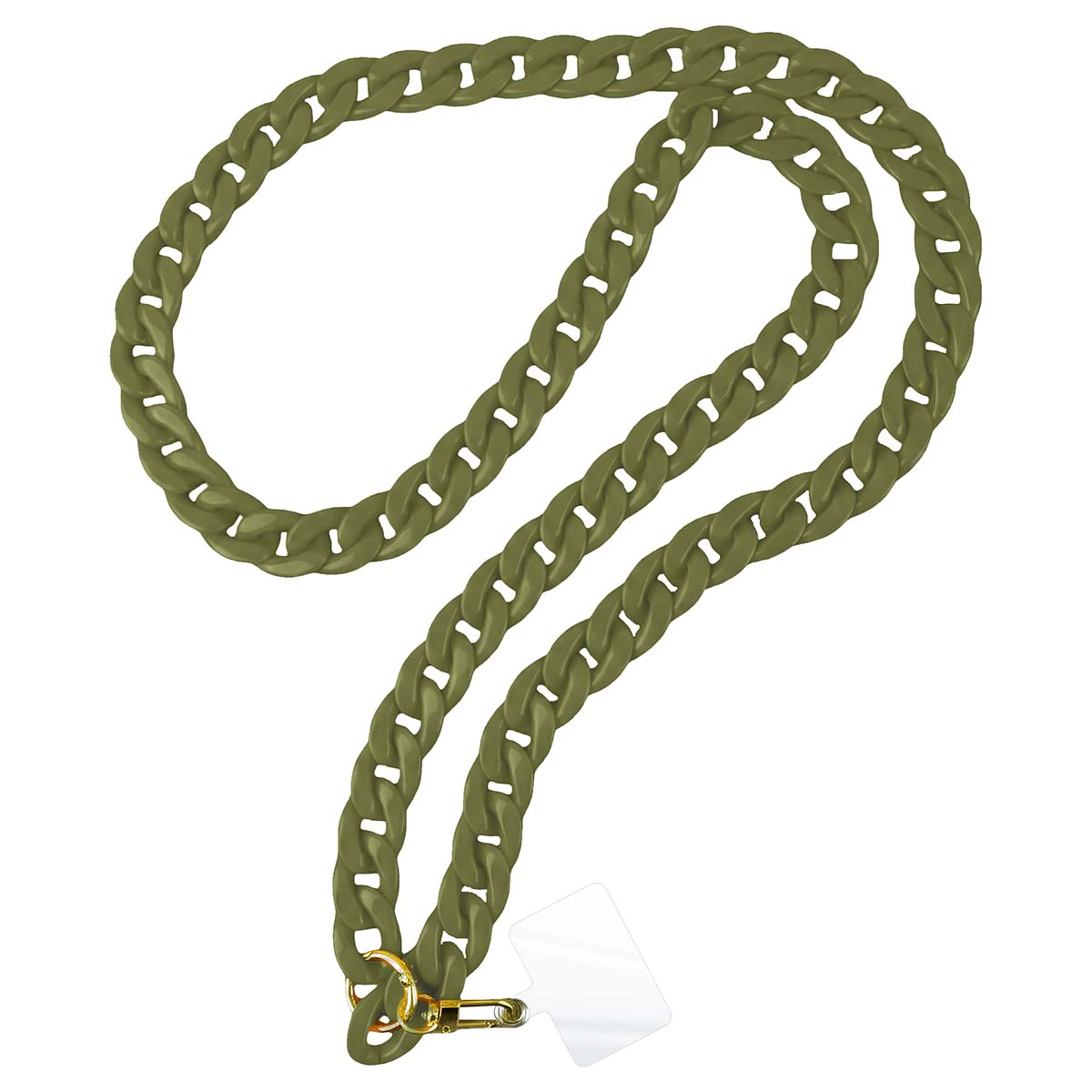 Eine olivgrüne Gliederkette mit goldener Schnalle und transparenter Handyhalterung.