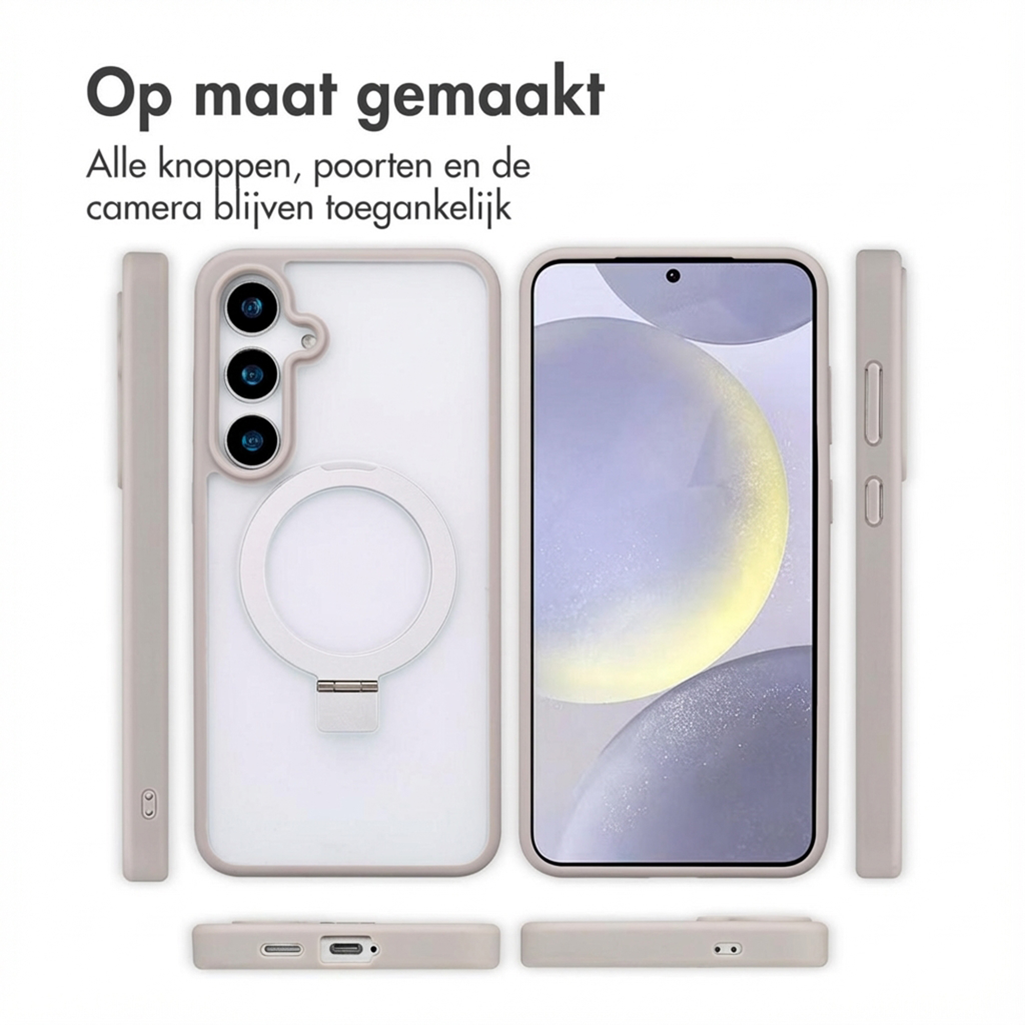 A light grey phone with a clear case and ring holder, shown front and back views.