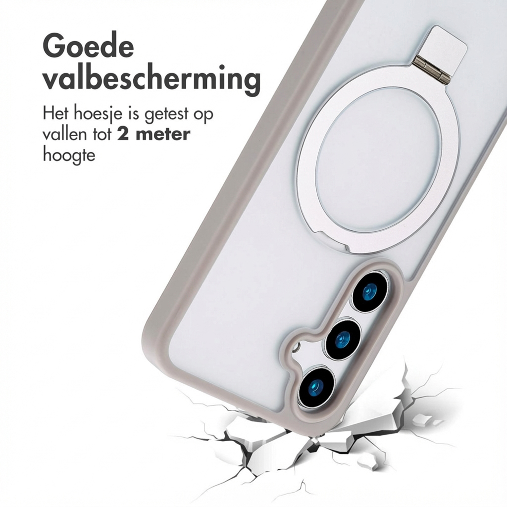 Clear phone case with ring holder, shown impacting broken ground.